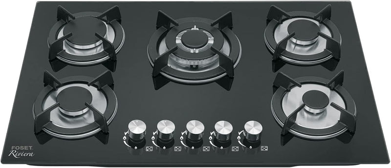 Foset PAE-755GV, Parrilla gas empotrable 75cm, 5 quemadores, vidrio negro - Carzamo.com