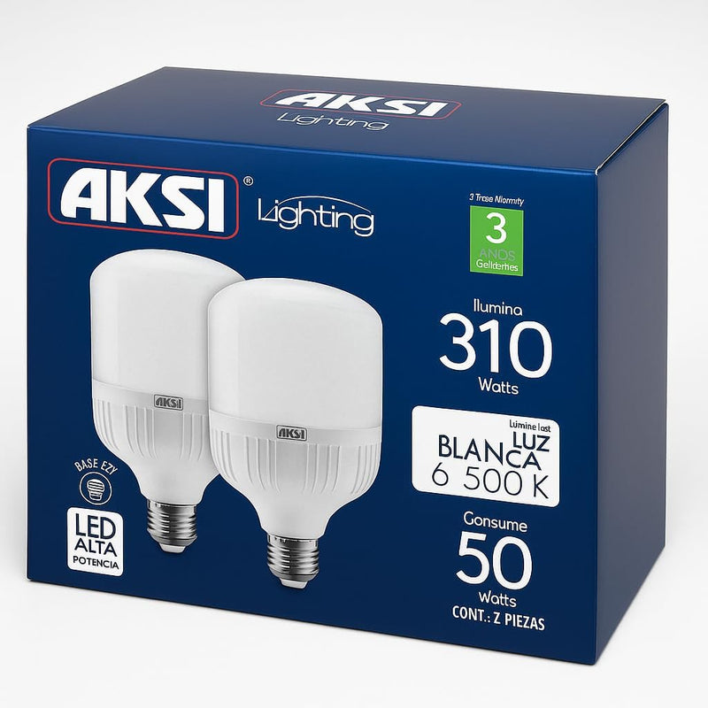 Pack 2 Focos LED AKSI T50W-65-AK 50W Luz Blanca 6500K 5000 lm Base E27 Interior/Exterior - Carzamo.com