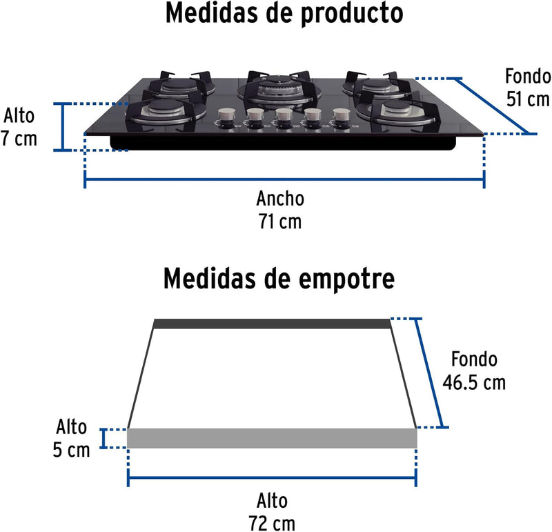Foset PAE-755GV, Parrilla gas empotrable 75cm, 5 quemadores, vidrio negro - Carzamo.com