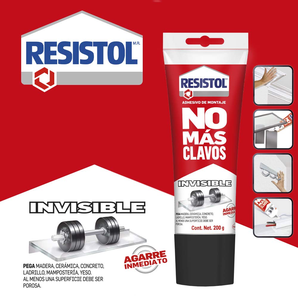 Resistol No Más Clavos Invisible, pegamento no más clavos para reparaciones y decoración, pegamento para madera, metal y más, adhesivo de montaje de agarre inmediato, 1x200g - Carzamo.com