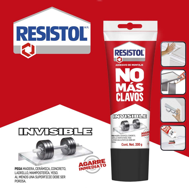 Resistol No Más Clavos Invisible, pegamento no más clavos para reparaciones y decoración, pegamento para madera, metal y más, adhesivo de montaje de agarre inmediato, 1x200g - Carzamo.com