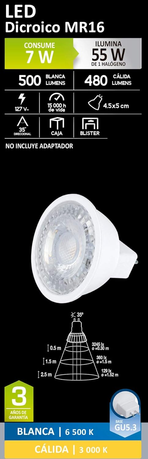 Pack 10 Focos LED AKSI MR16 GU5.3, Equivalente a 55W (480 lm - Lúmenes), Consume 7W (vatios), LUZ CÁLIDA 3000K, 127V - Carzamo.com
