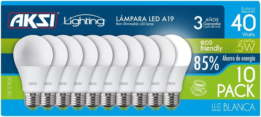 AKSI A19 5W LED Bulbs White Light 6500K Pack of 10 Pieces for Indoor and Outdoor Use