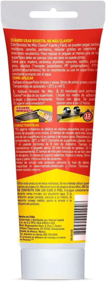 Resistol No Más Clavos Fuerte y Fácil, adhesivo fuerte, pegamento para madera, cerámica, metal y más, Resistol blanco con agarre inmediato, 1x113g