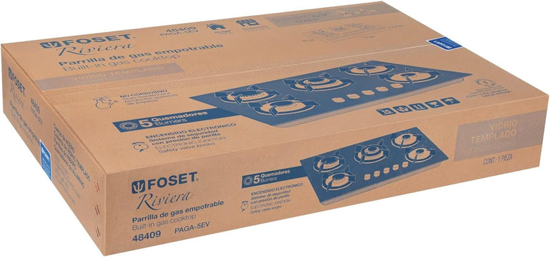 Foset PAE-755GV, Parrilla gas empotrable 75cm, 5 quemadores, vidrio negro - Carzamo.com