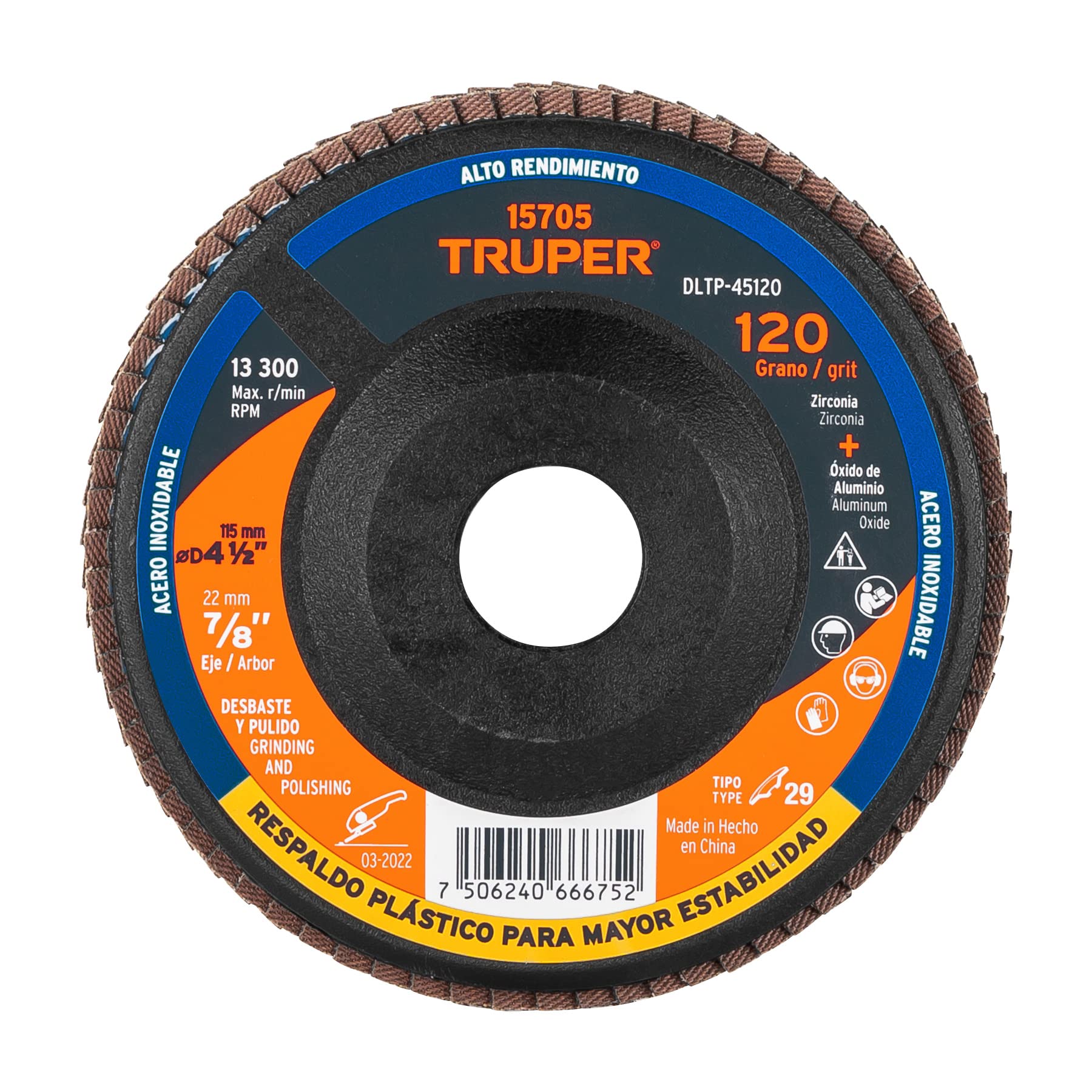 Truper DLTP-45120, Disco 4-1/2″ laminado respaldo plástico grano 120 centro 7/8″