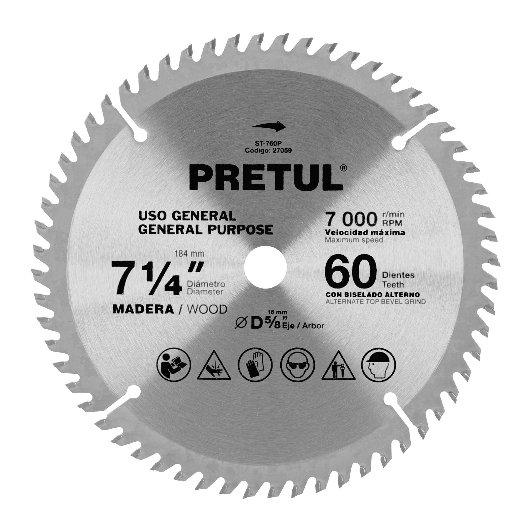 Pretul ST-760P, Disco sierra 7-1/4″ para madera 60 dientes centro 5/8″