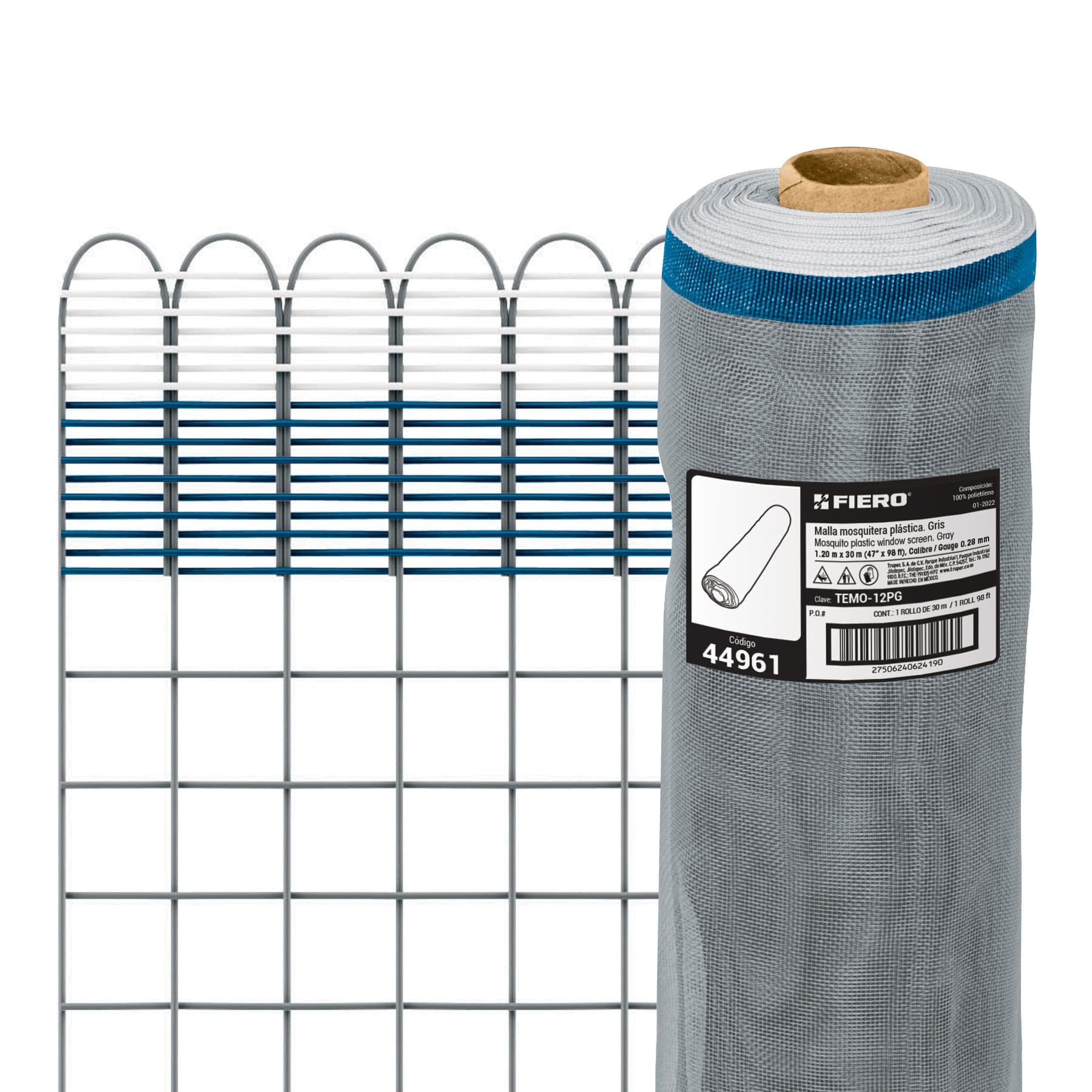 Fiero TEMO-12PG, Rollo de 30 m x 1.2 m de malla mosquitera plástica gris