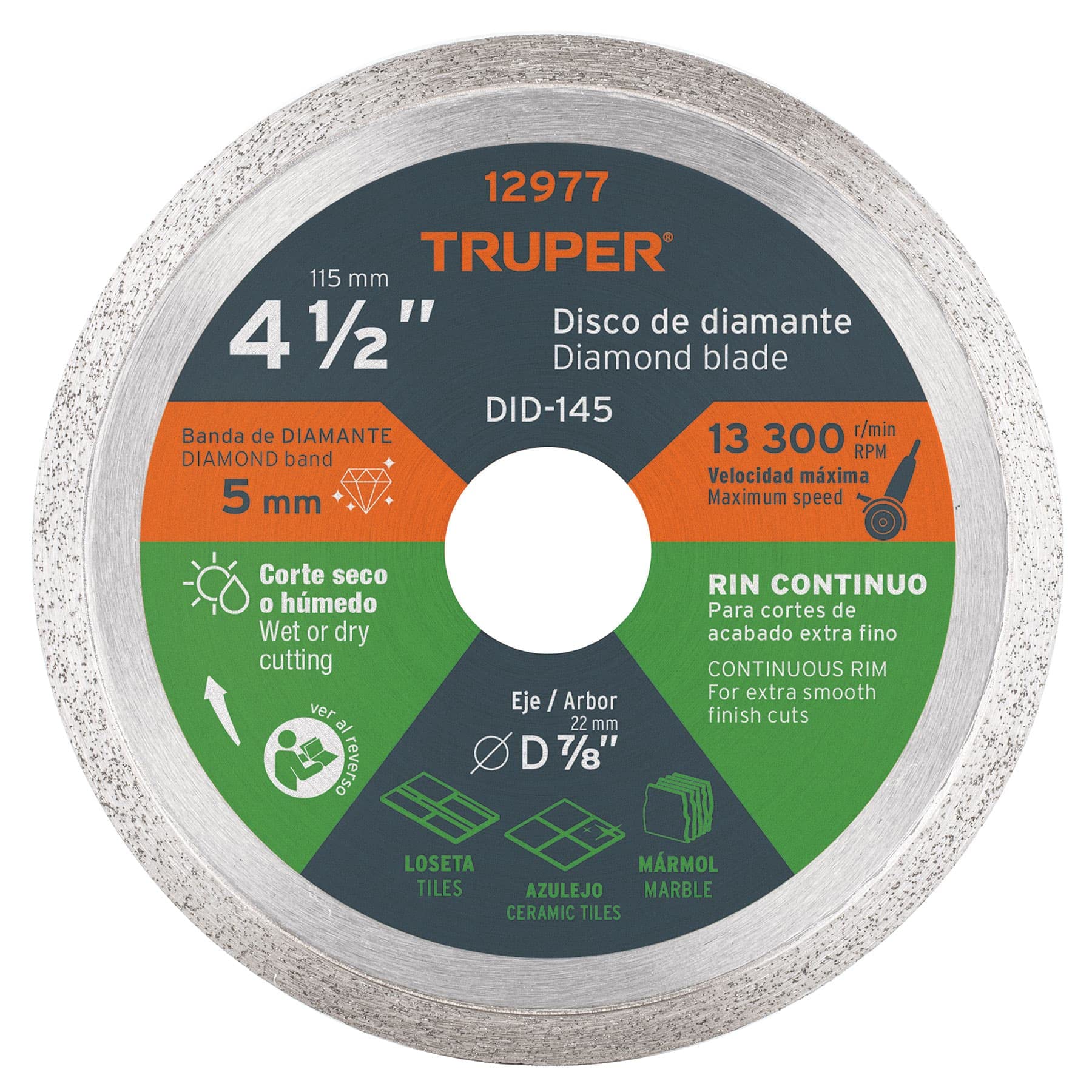 Truper DID-145, Disco de diamante de 4-1/2″ x 1.6 mm, rin continuo