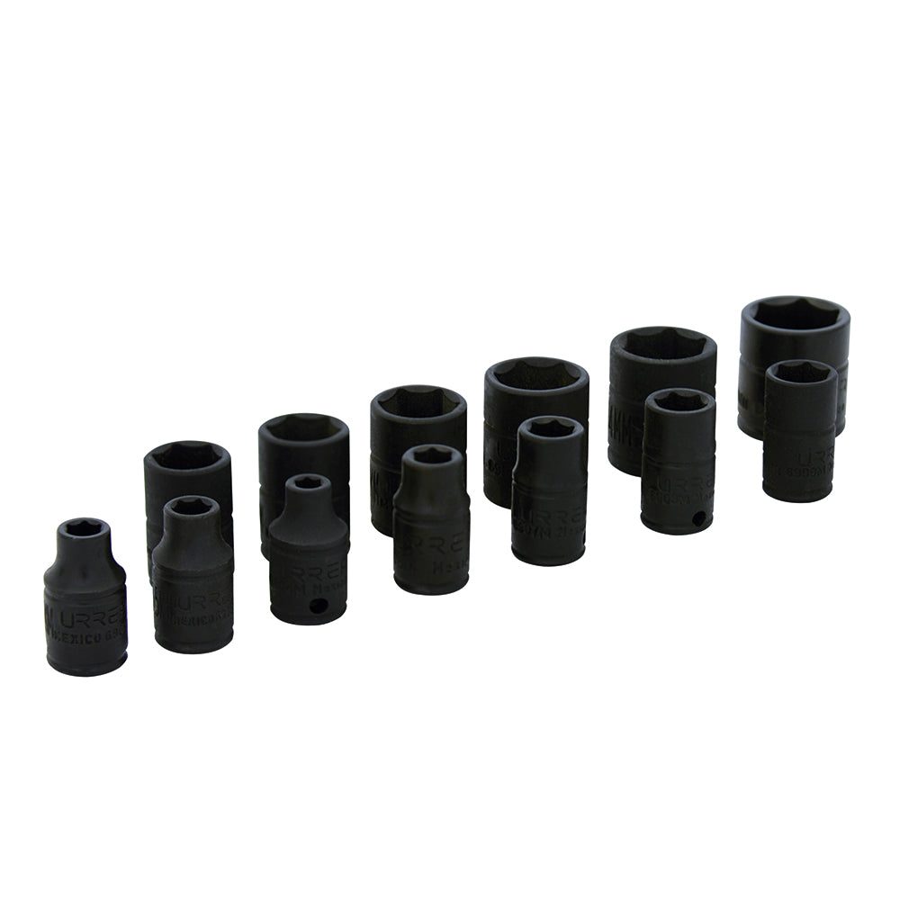 Juego de dados de impacto cuadro de 1/4", 6 puntas, métricos, 13 piezas Urrea