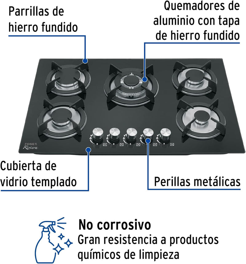 Foset PAE-755GV, Parrilla gas empotrable 75cm, 5 quemadores, vidrio negro - Carzamo.com