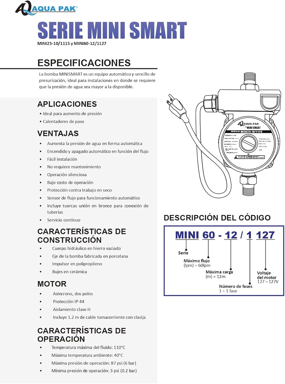 Presurizador Automático AquaPak MINI SMART MINI25-10/1115 1/6 HP Velocidad Constante 115V - Carzamo.com