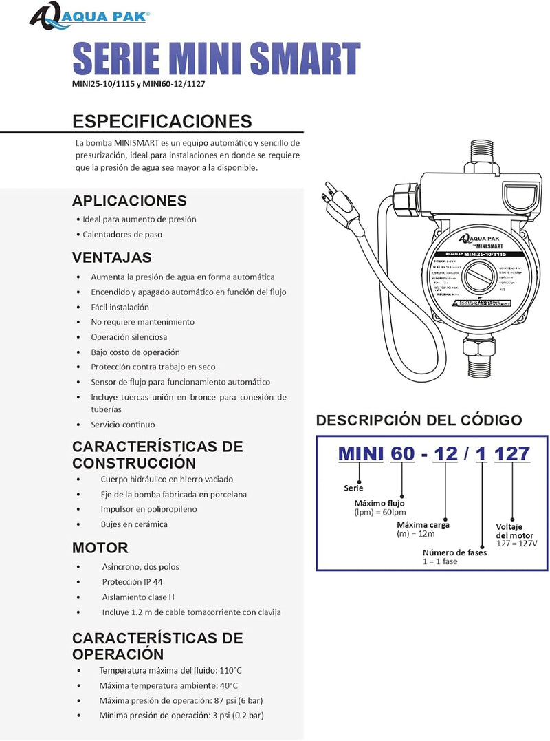 Presurizador Automático AquaPak MINI SMART MINI25-10/1115 1/6 HP Velocidad Constante 115V - Carzamo.com