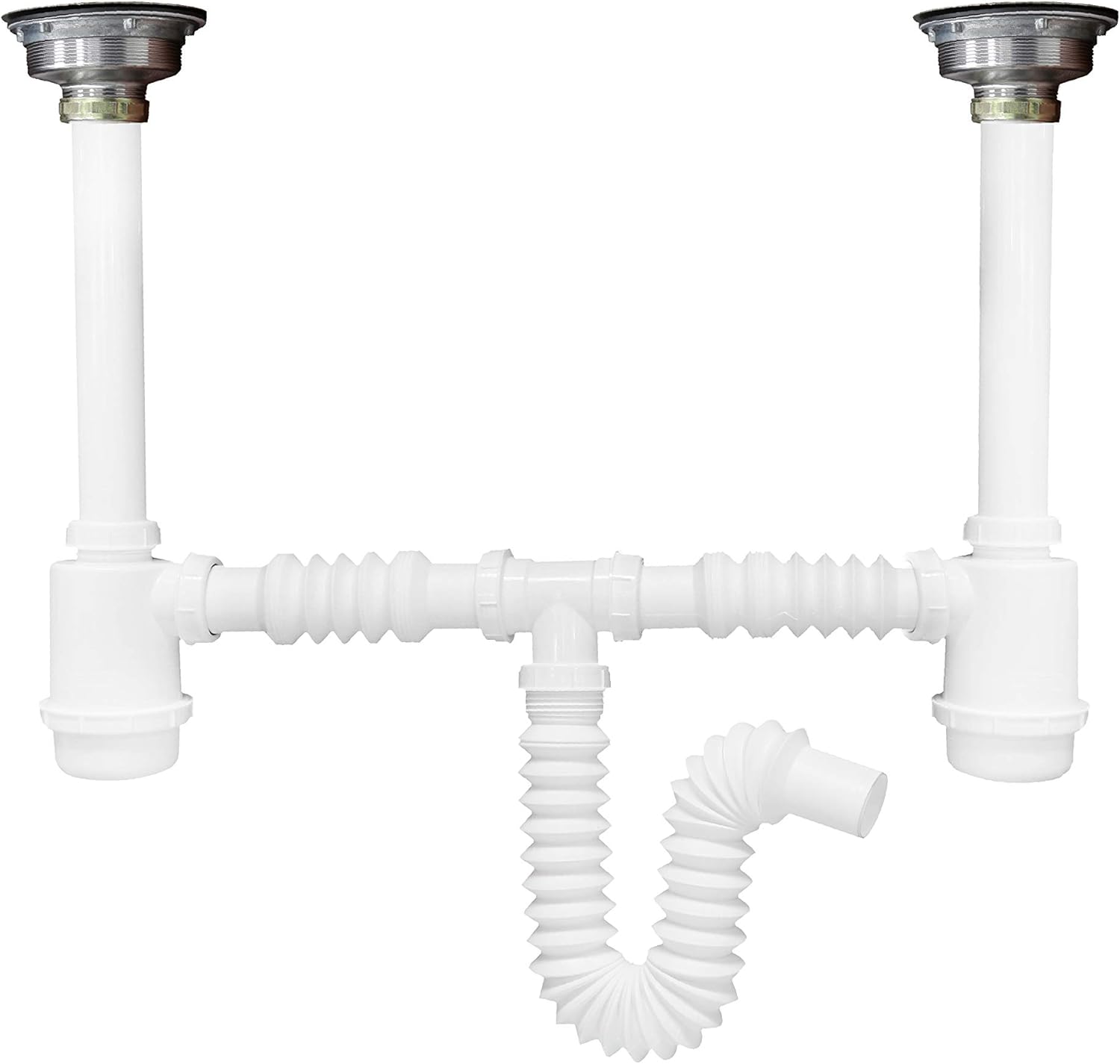 Fleximatic 2326 Desagüe flexible doble bote, trampa 55cm, contracanastas 100% acero inoxidable