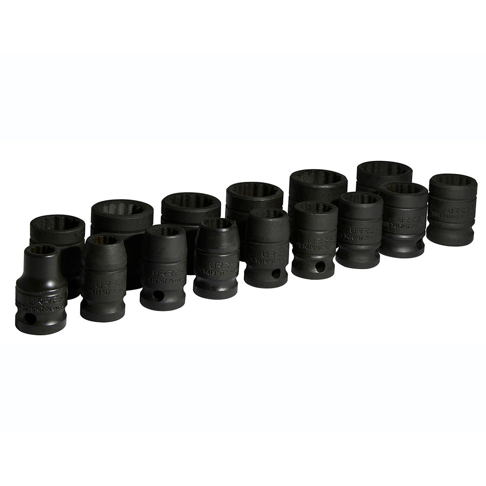Juego de dados de impacto cuadro de 1/2", 12 puntas, métricos, 15 piezas Urrea