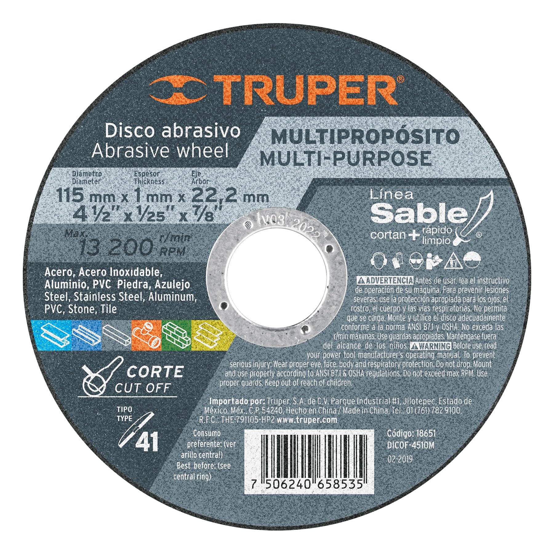 Truper DICOF- 4510M Disco Tipo 1 para corte multipropósito Línea Sable 4-1/2″, color, pack of/paquete de 1
