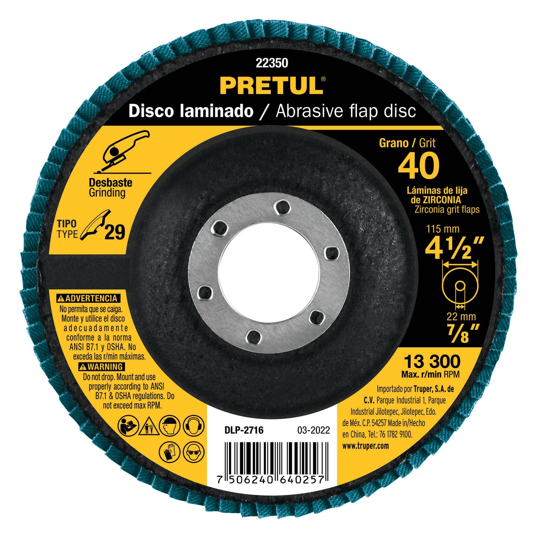 Pretul DLP-2716, Disco laminado, diámetro 4 1/2″, 7/8″, grano 40