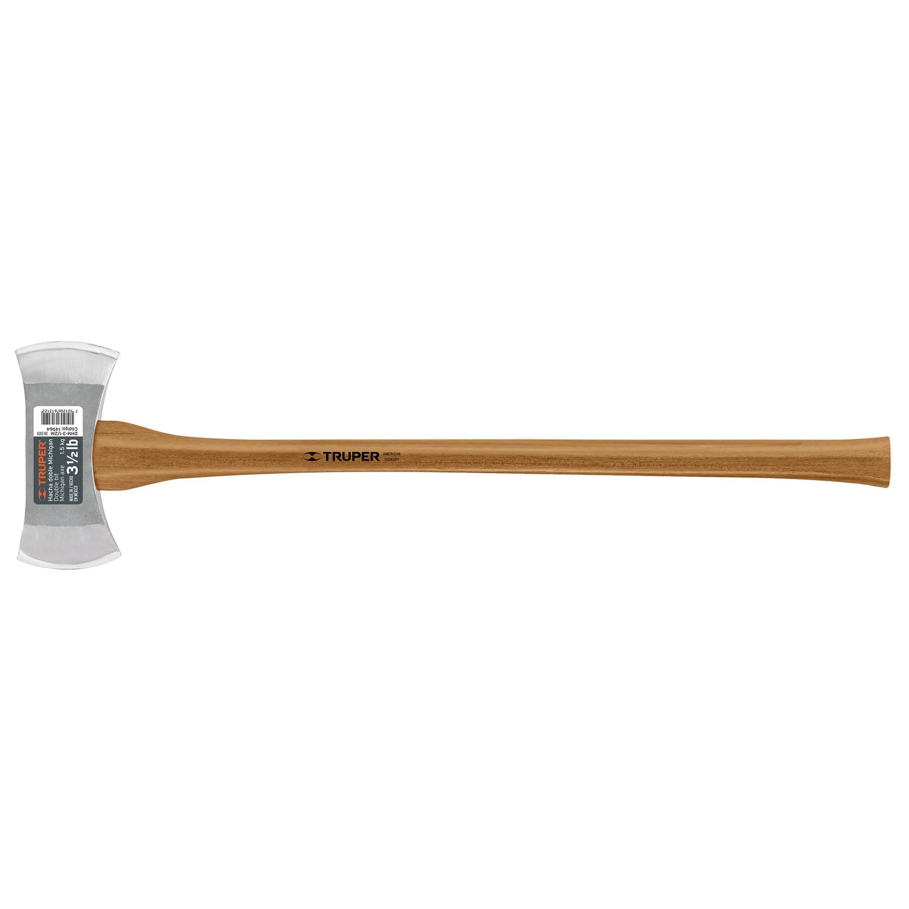 Truper DHM-3-1/2M, Hacha doble Michigan 3-1/2 lbs, mango de Hickory, 35″