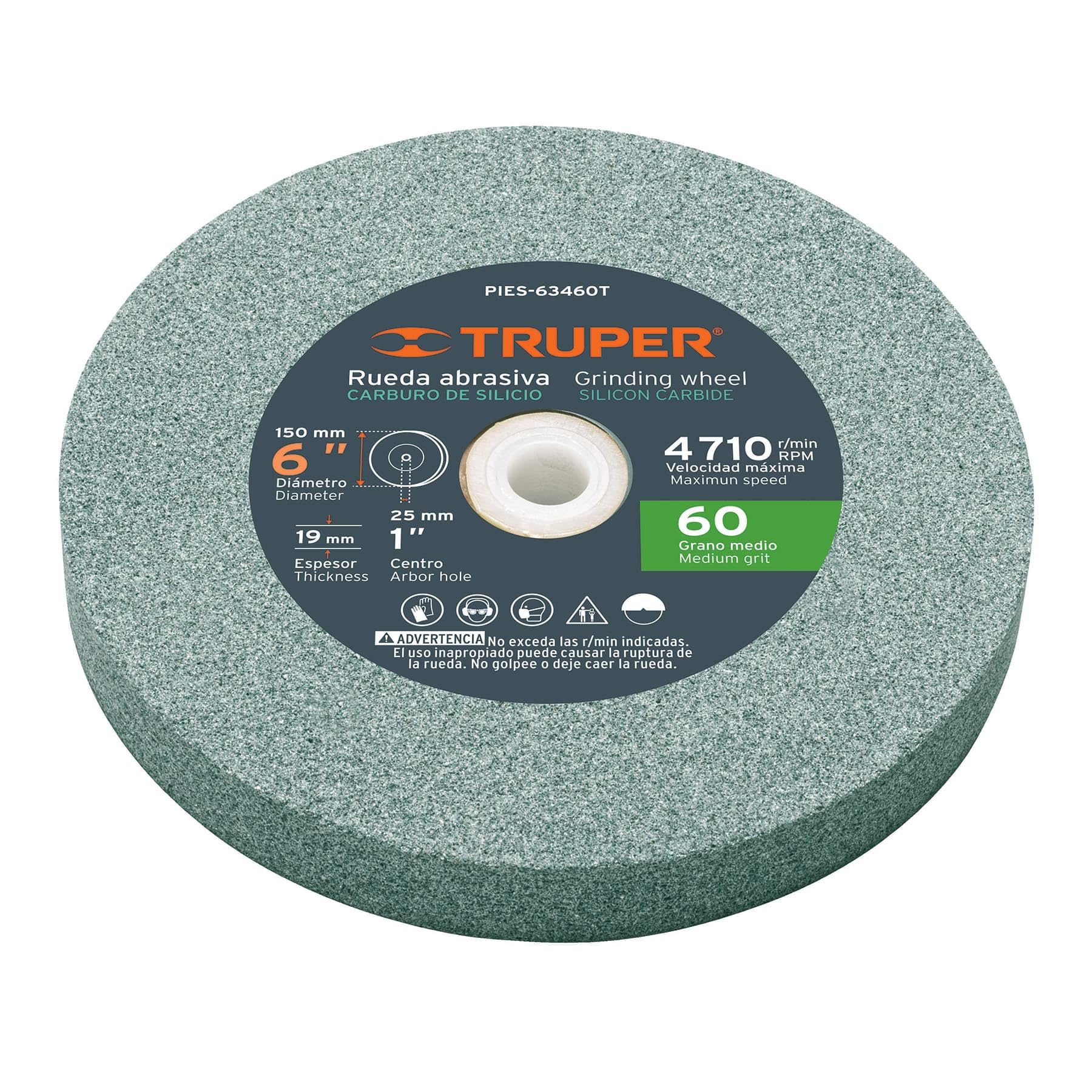 Truper PIES-63460T, Piedra para esmeril, carburo de silicio 6″, grano 60, espesor 3/4″, barreno 1″