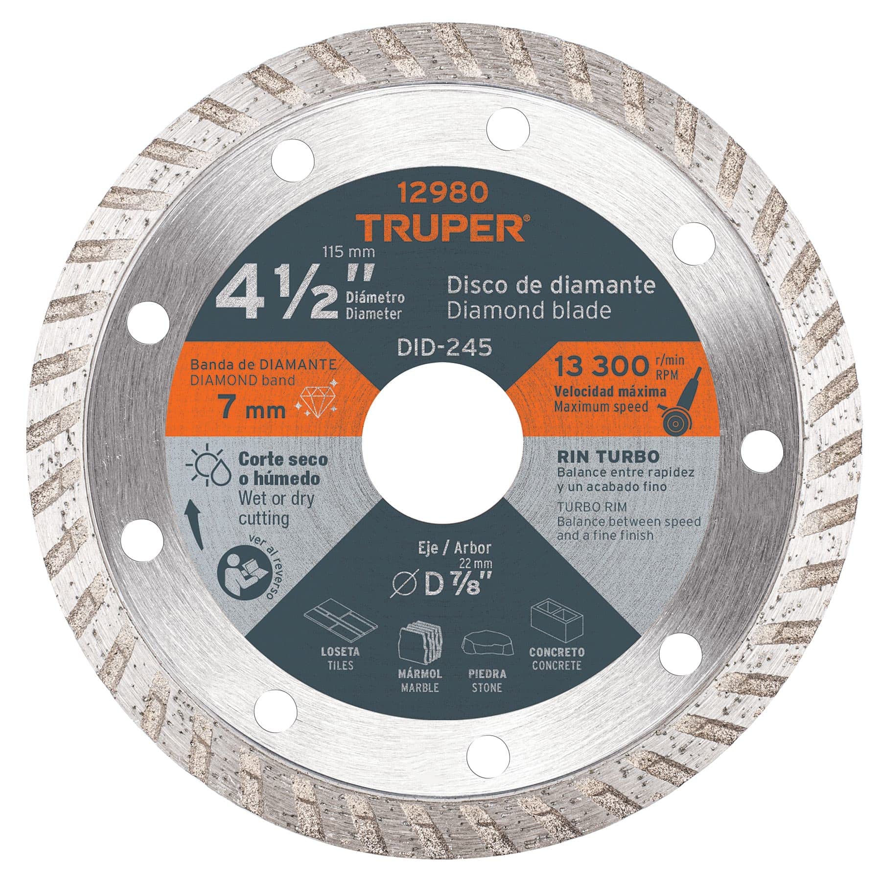 Truper DID-245, Disco de diamante de 4-1/2″ x 2.2 mm, rin turbo