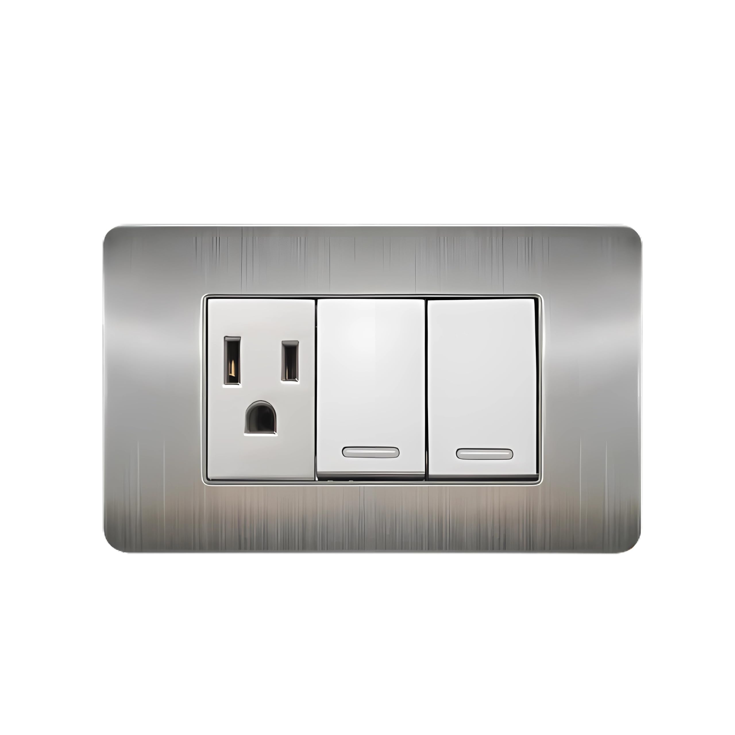 Argos Apagador Doble y Contacto 8841945 Con Placa De Acero Inoxidable Y Cuerpo De Policarbonato, Indicador luminoso LED, Para Interiores, 10 Ampers, 127 Volts, Linea Versalles, Satinado, Color Gris