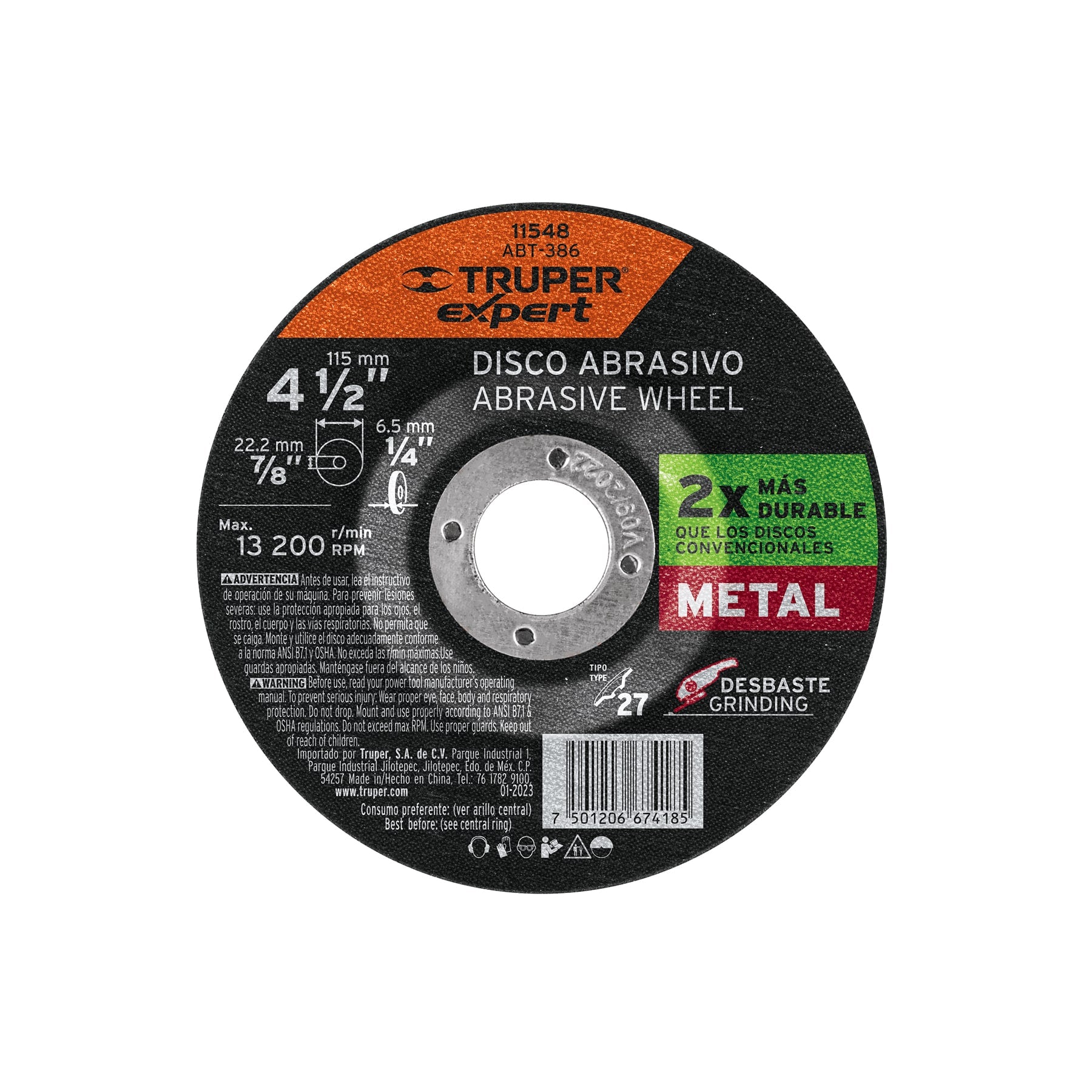 Truper ABT-386, Disco desbaste metal, alto rendimiento, tipo 27, diámetro 4-1/2″, 1 pieza