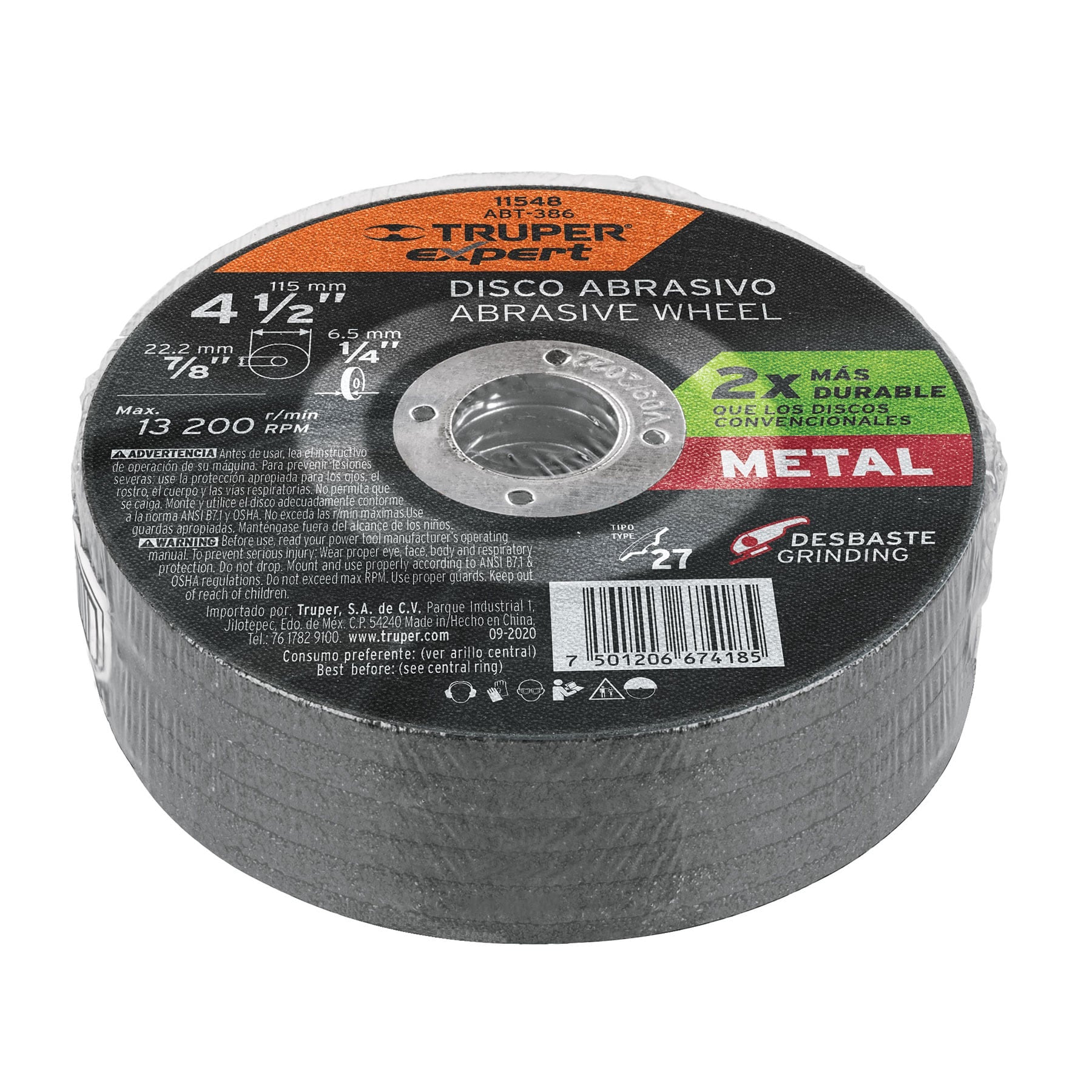 Truper ABT-386, Disco desbaste metal, alto rendimiento, tipo 27, diámetro 4-1/2″, 1 pieza