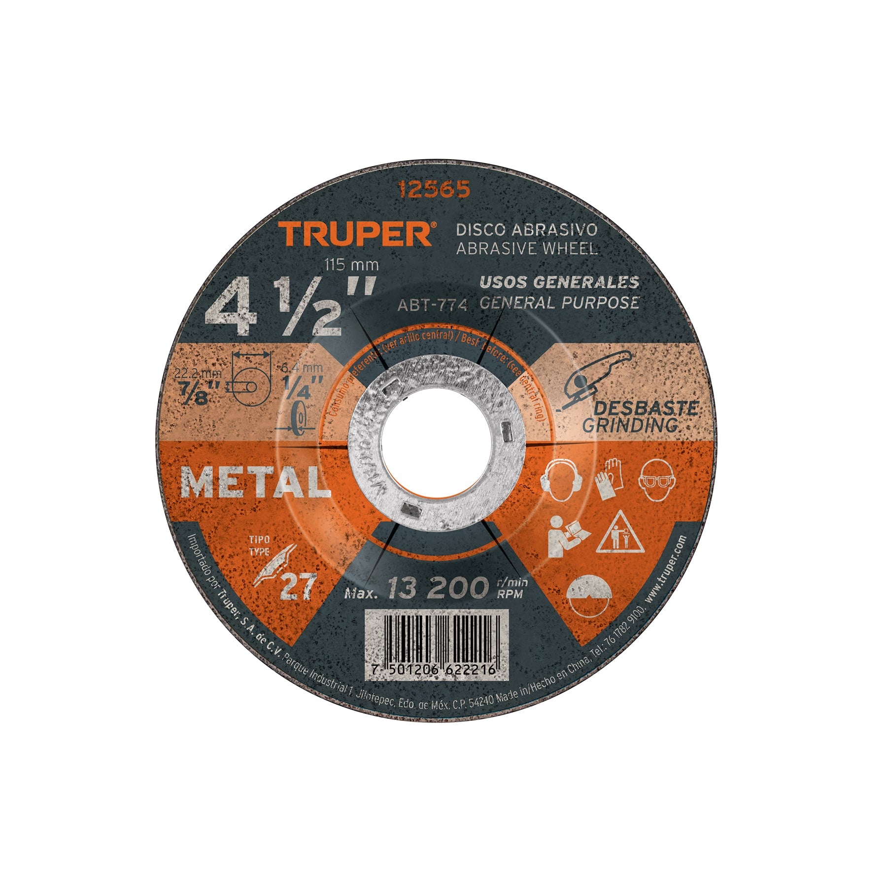Truper ABT-774, Disco para desbaste de metal, tipo 27, diámetro 4-1/2″, 1 pieza