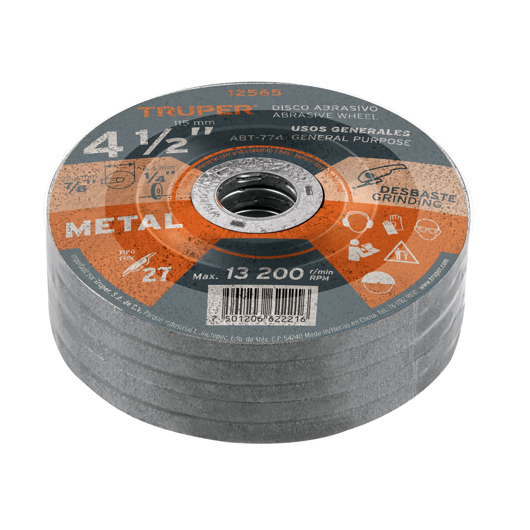 Truper ABT-774, Disco para desbaste de metal, tipo 27, diámetro 4-1/2″, 1 pieza