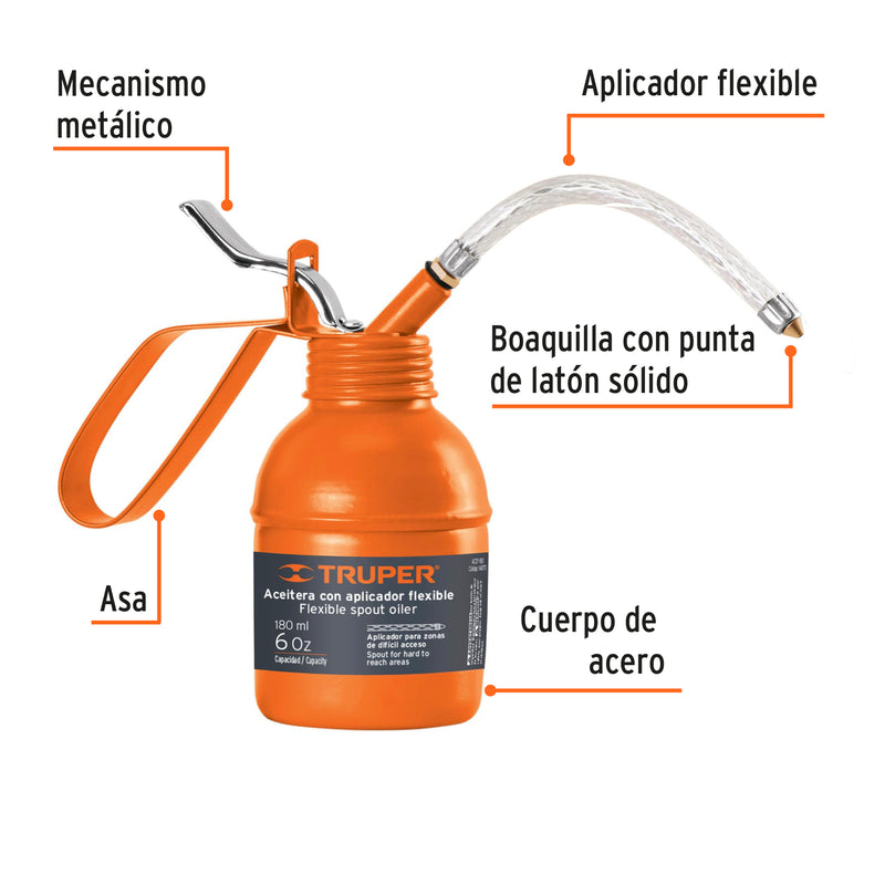 Aceitera de 180 ml (6 oz) con aplicador flexible, Truper - Carzamo.com