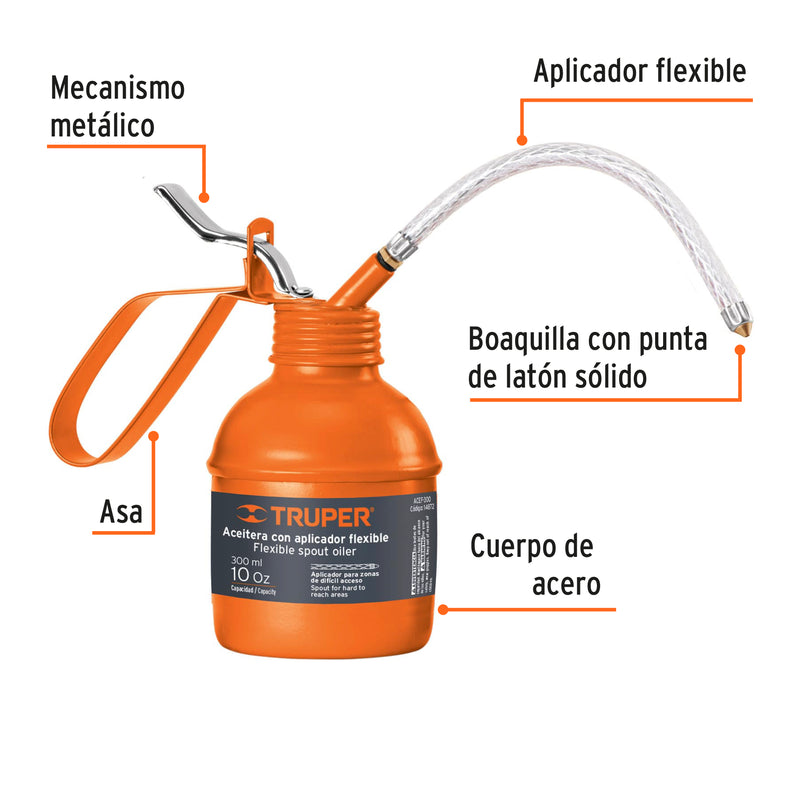 Aceitera de 300 ml (10 oz) con aplicador flexible, Truper - Carzamo.com