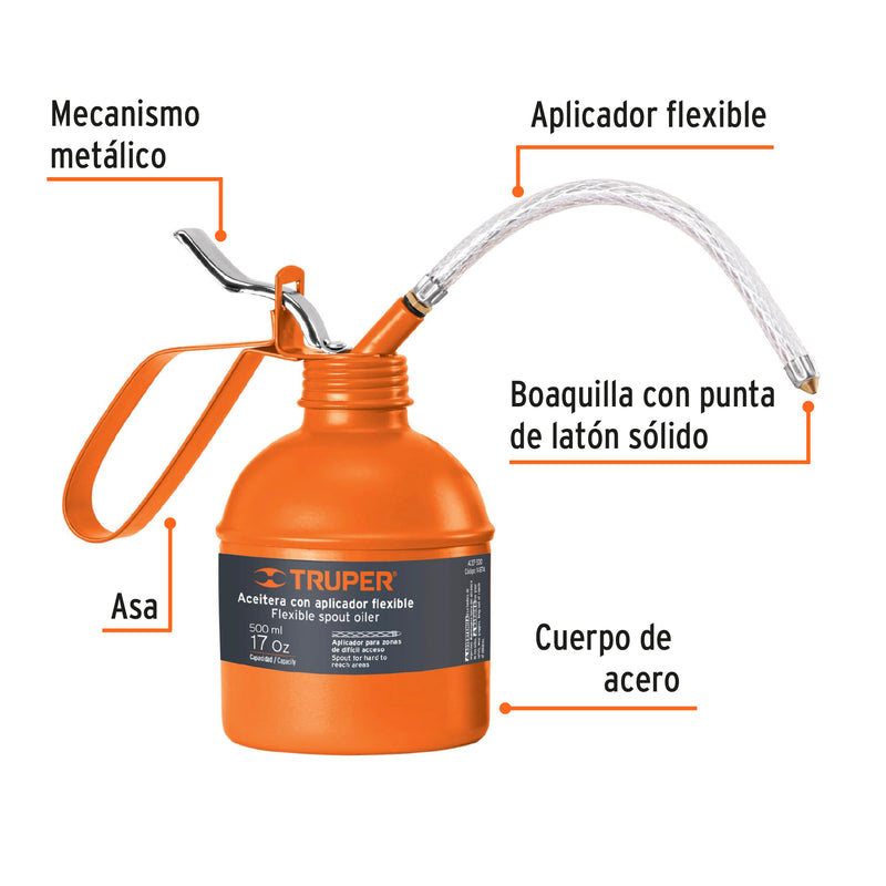 Aceitera de 500 ml (17 oz) con aplicador flexible, Truper - Carzamo.com