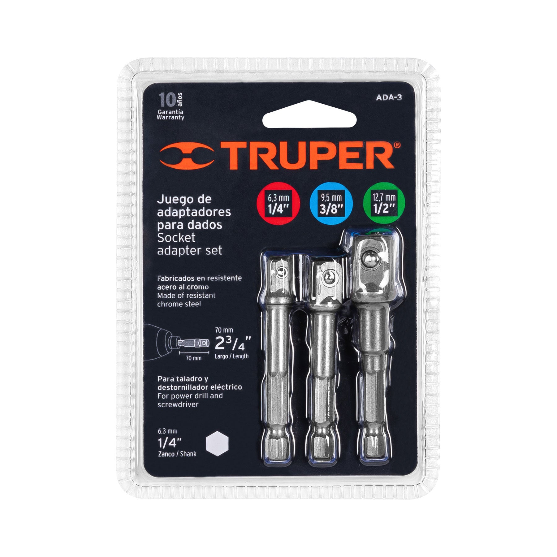 Truper ADA-3 Juego de adaptadores para dados, 1/4″, 3/8″ y 1/2″, 3 piezas, color, pack of/paquete de 1