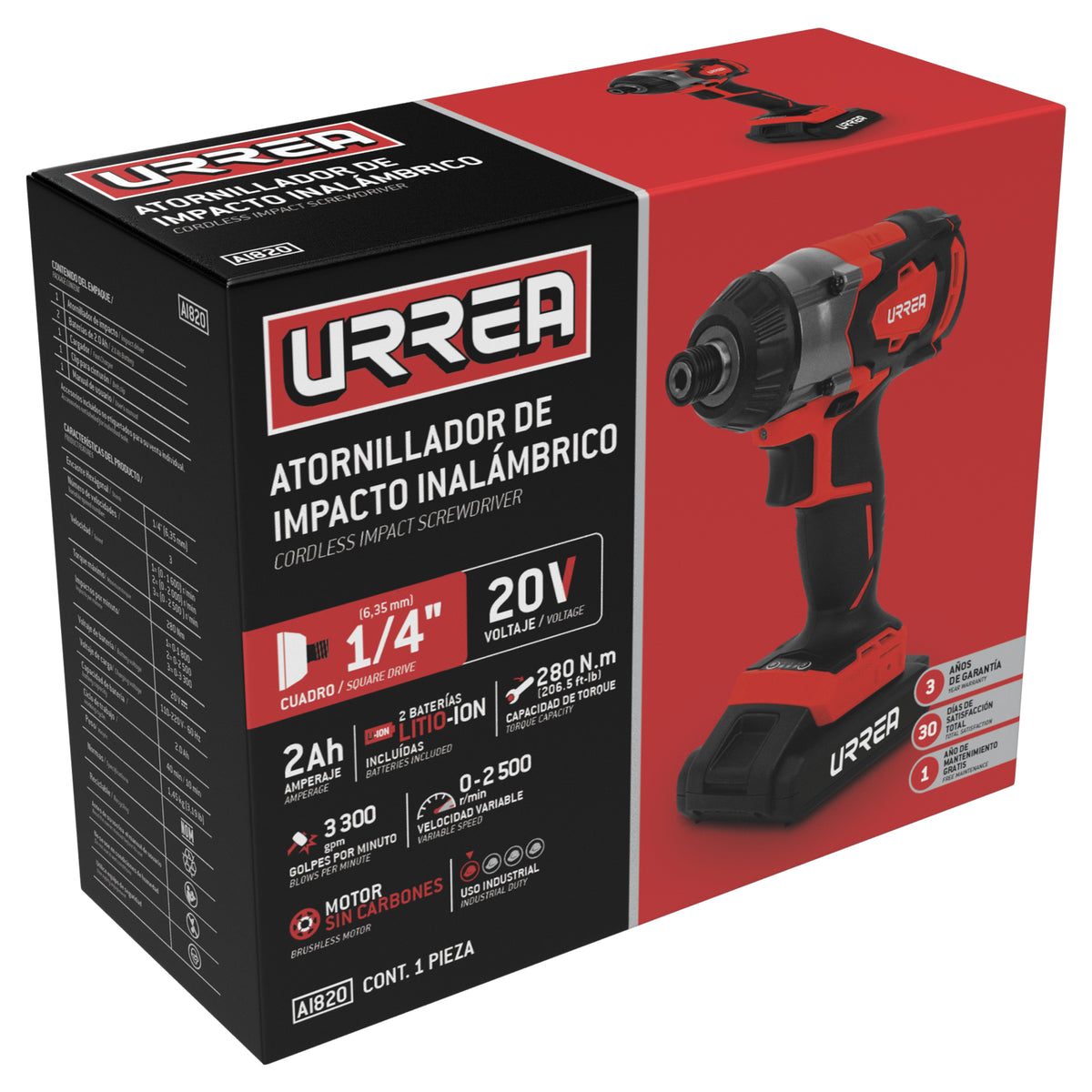 Atornillador de impacto 1/4" a batería Litio-ion 20 V 280 Nm Urrea