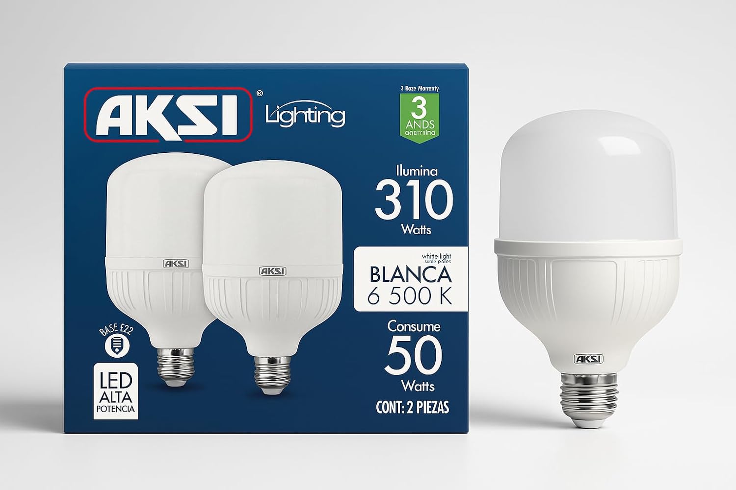 Pack 2 Focos LED AKSI T50W-65-AK 50W Luz Blanca 6500K 5000 lm Base E27 Interior/Exterior