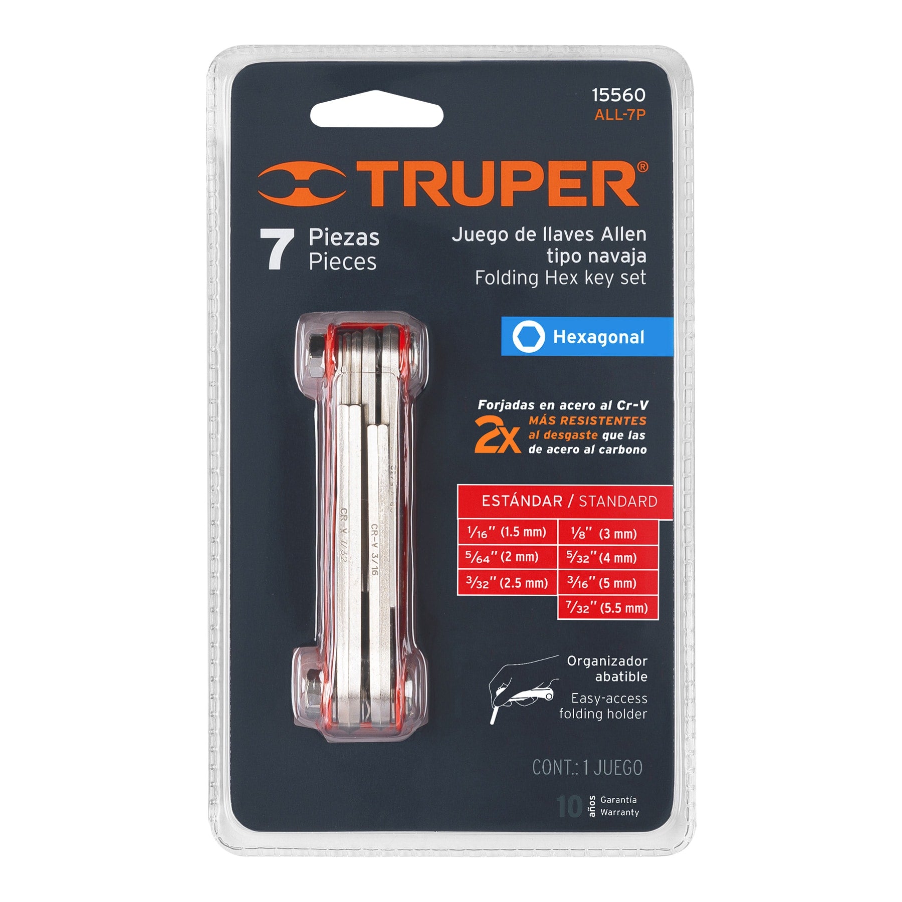 Truper ALL-7P, Juego de 7 llaves Allen standard tipo navaja, cuerpo de lámina