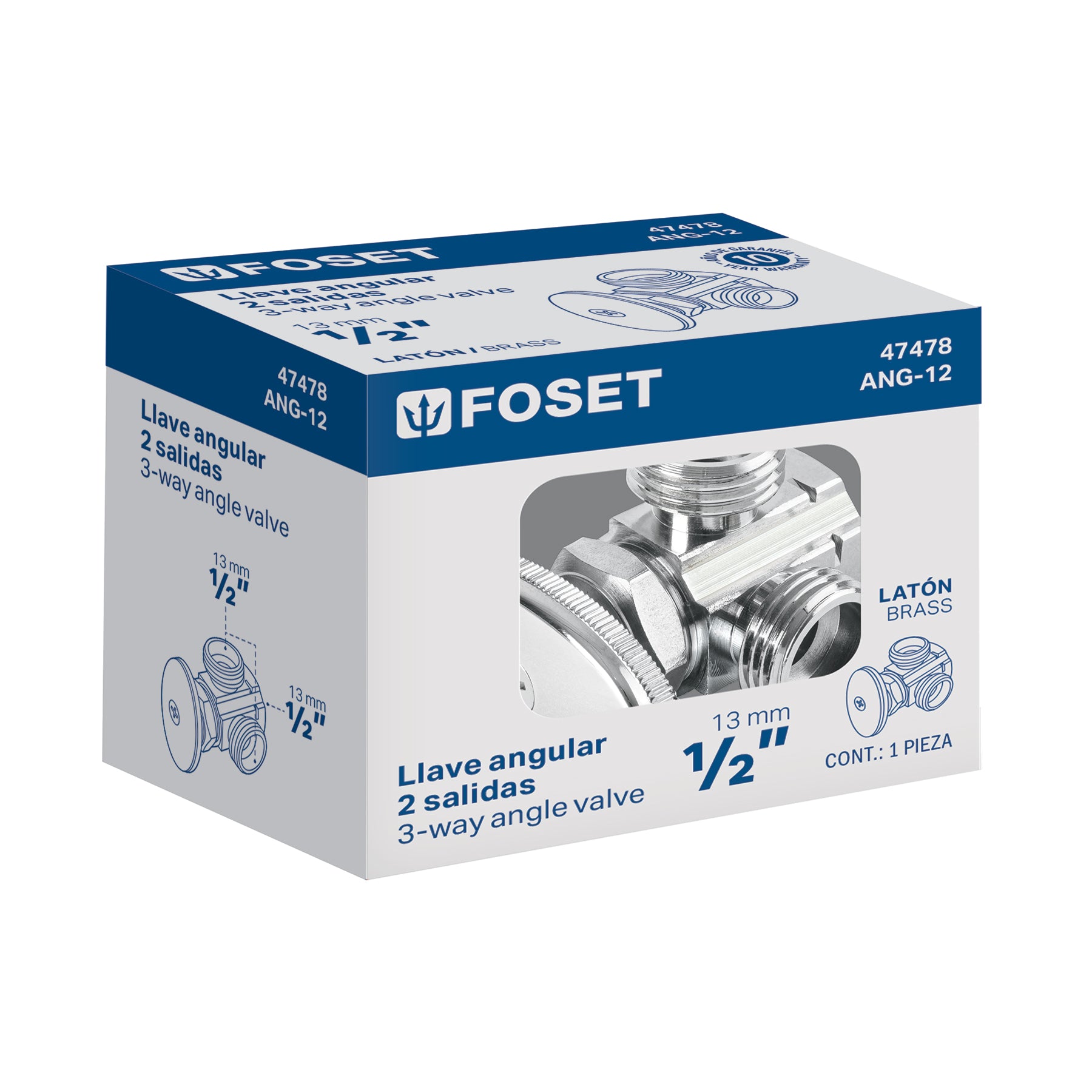 Llave angular doble salida 1/2", multivuelta, roscable, FOSET ANG-12