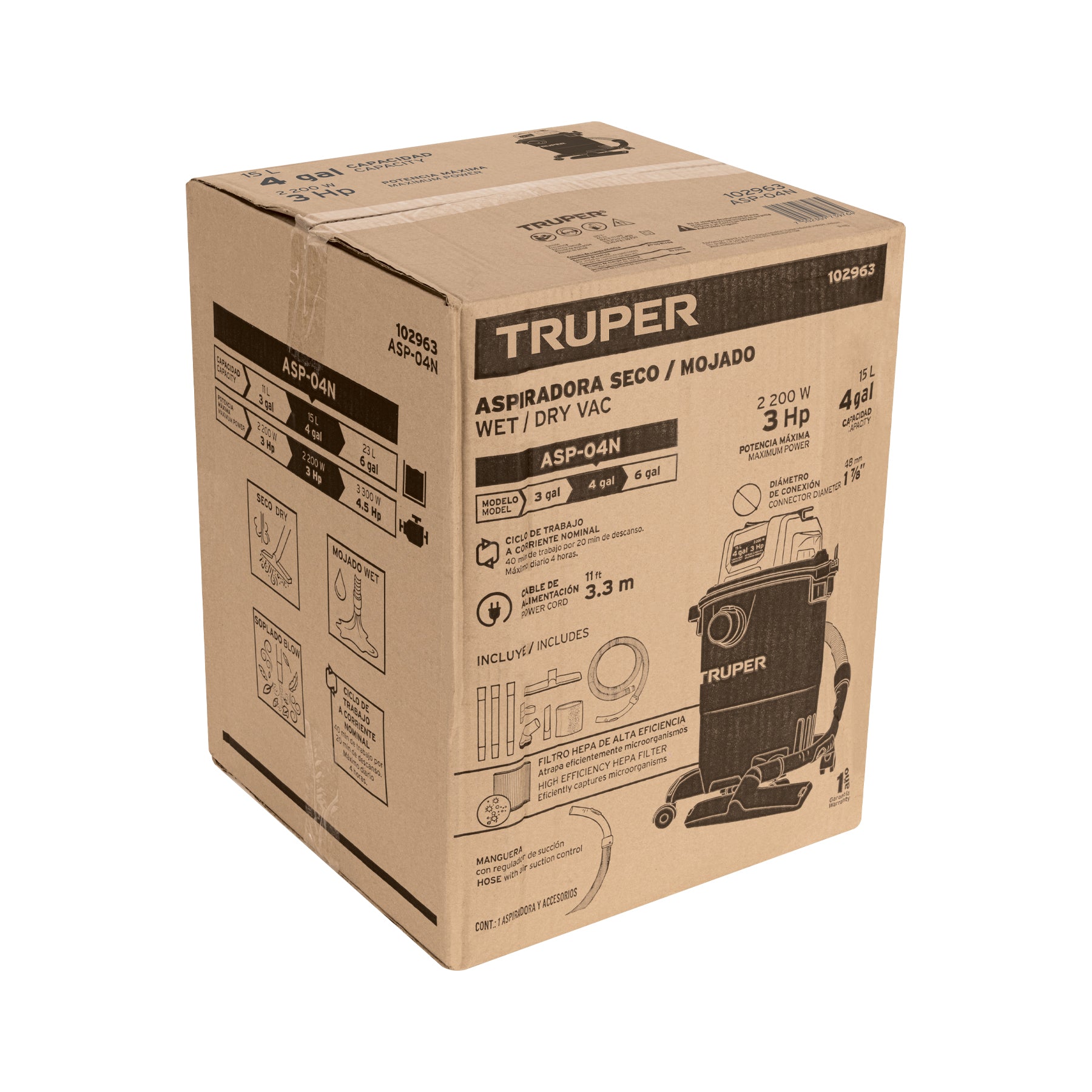 Aspiradora de sólidos y líquidos, 4 gal, plástica, negra ASP-04N