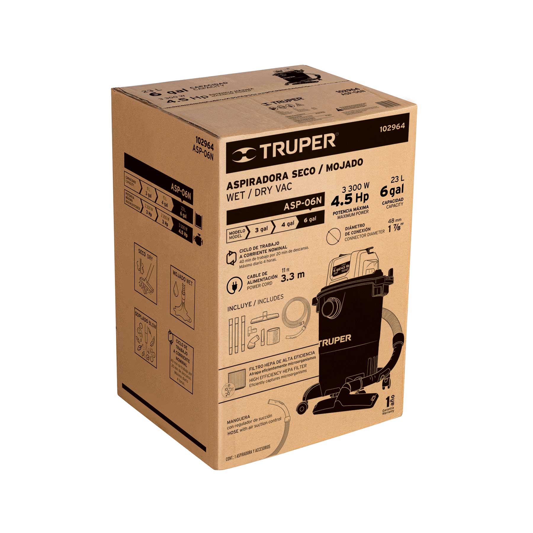 Aspiradora de sólidos y líquidos, 6 gal, plástica, negra ASP-06N