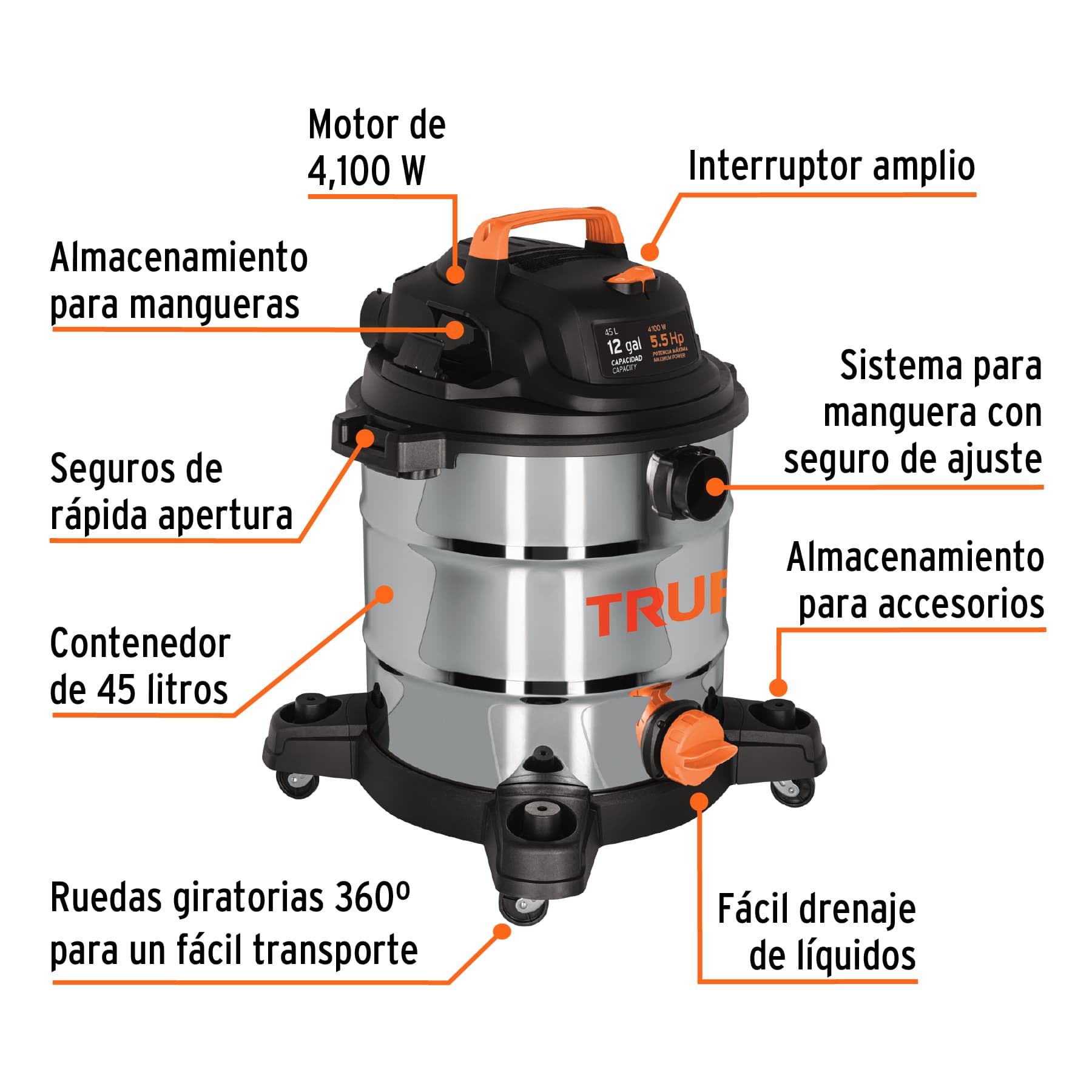 Aspiradora de sólidos y líquidos, 12 gal, acero inoxidable, TRUPER ASP-12X