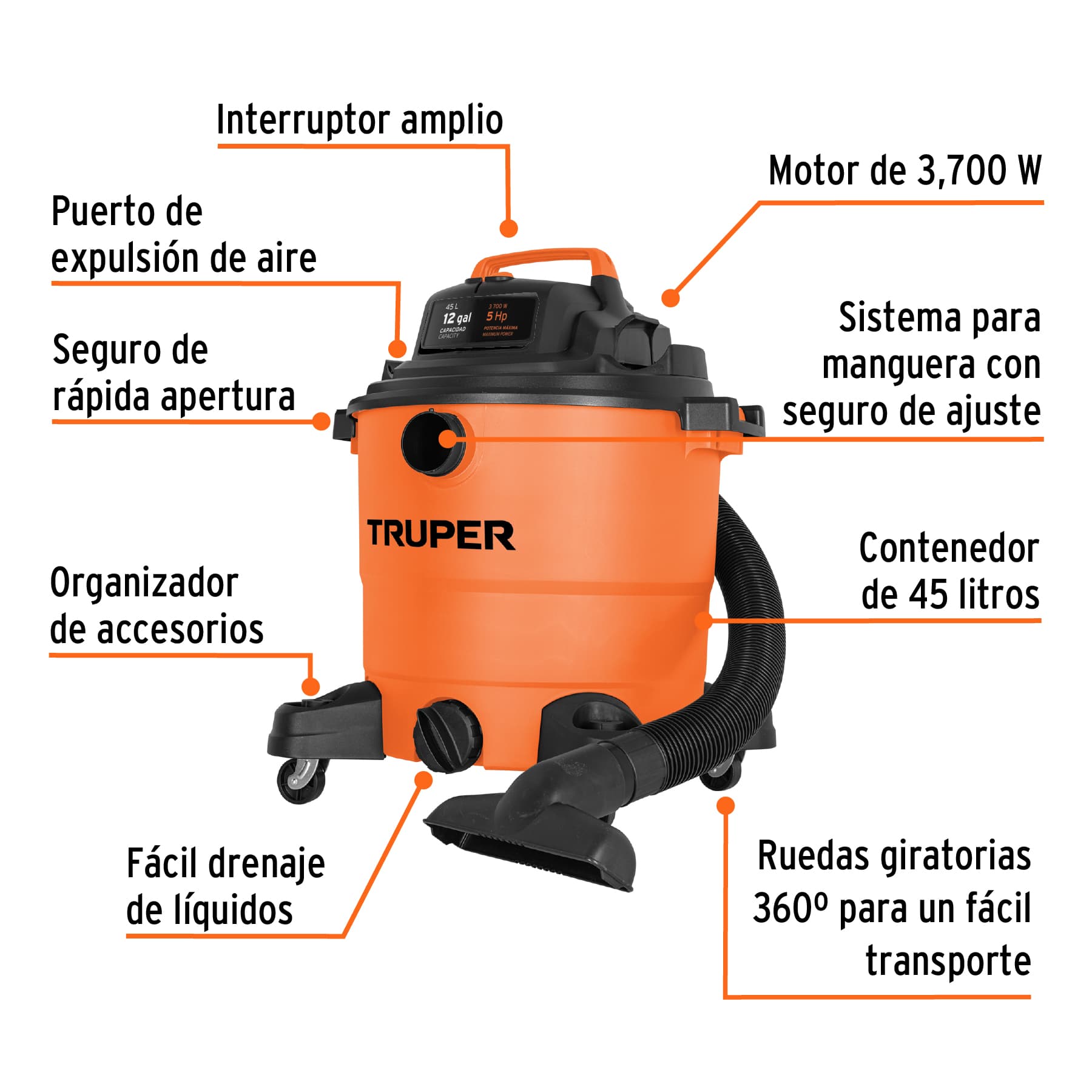 Aspiradora de sólidos y líquidos, 12 gal, plástica, TRUPER ASP-12