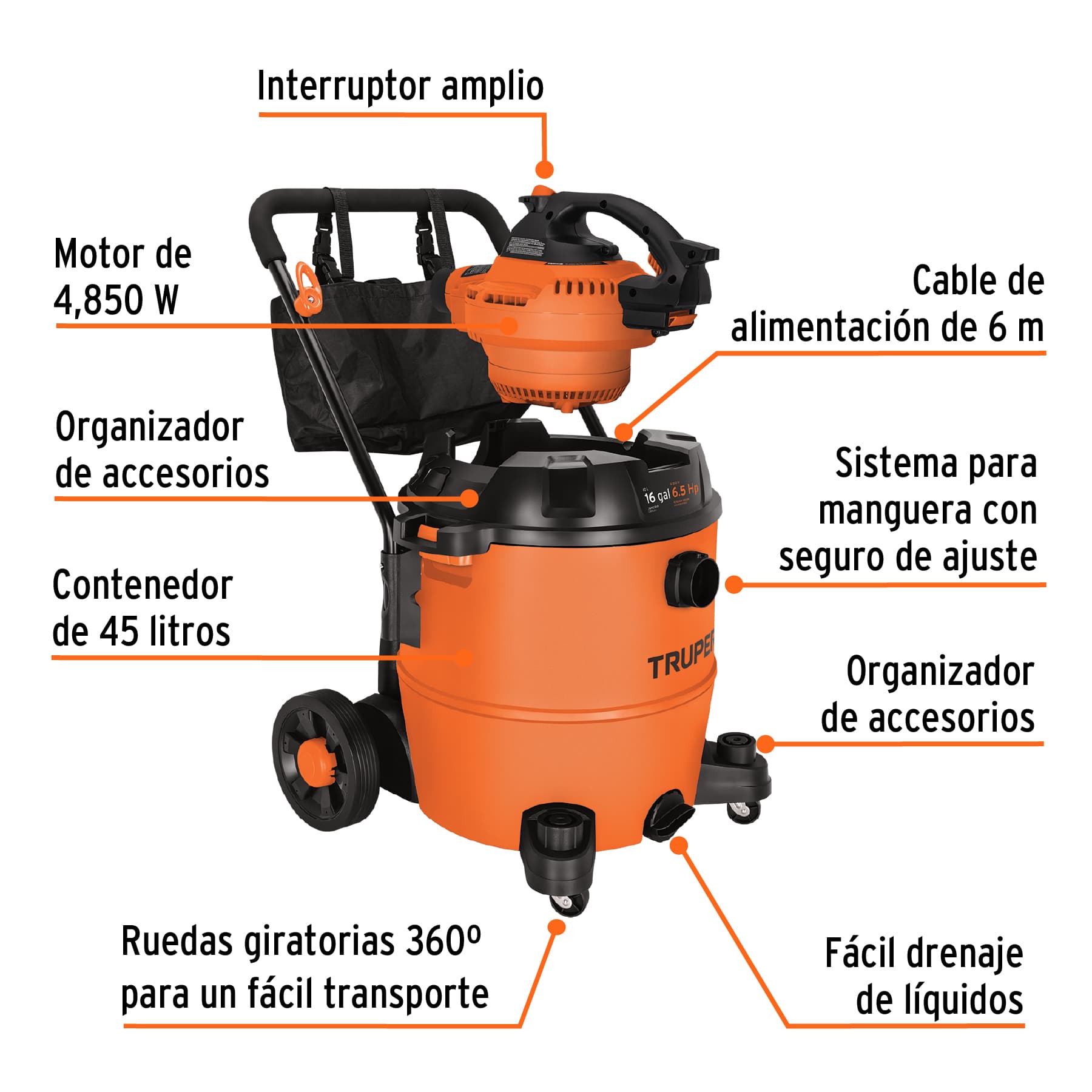 Aspiradora sólidos y líquidos, 16 gal, soplador desmontable ASP-16S