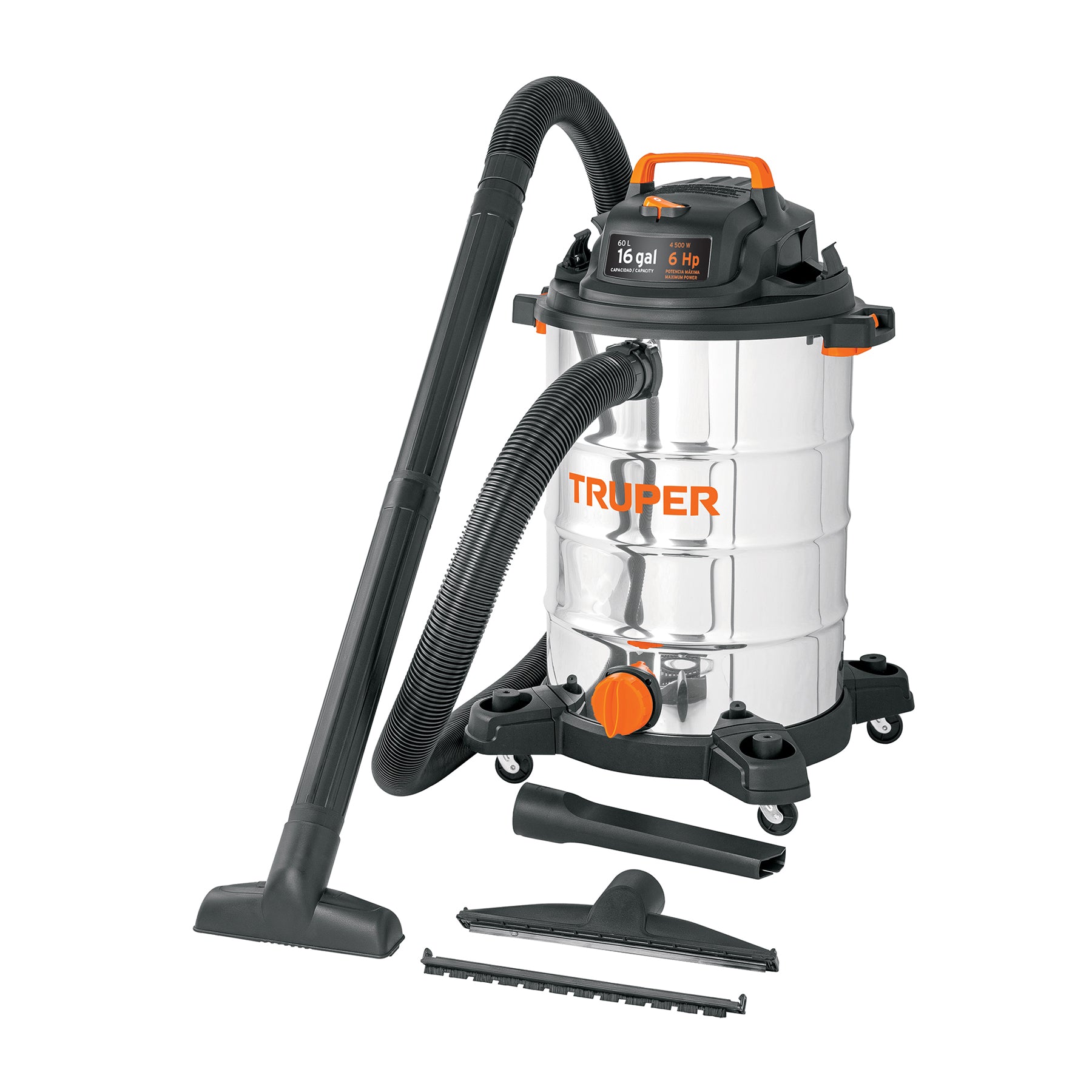 Aspiradora de sólidos y líquidos, 16 gal, acero inoxidable, TRUPER ASP-16X