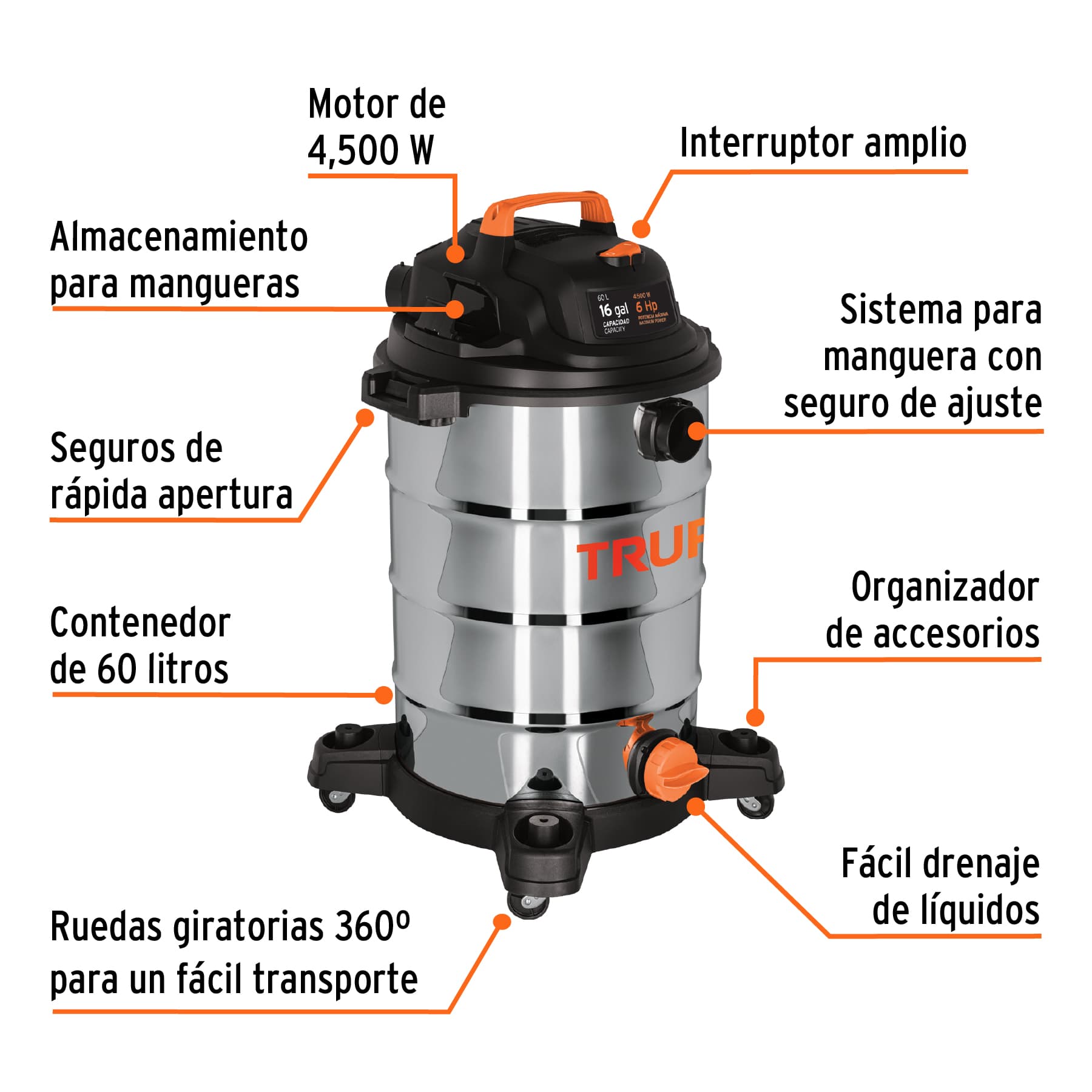 Aspiradora de sólidos y líquidos, 16 gal, acero inoxidable, TRUPER ASP-16X