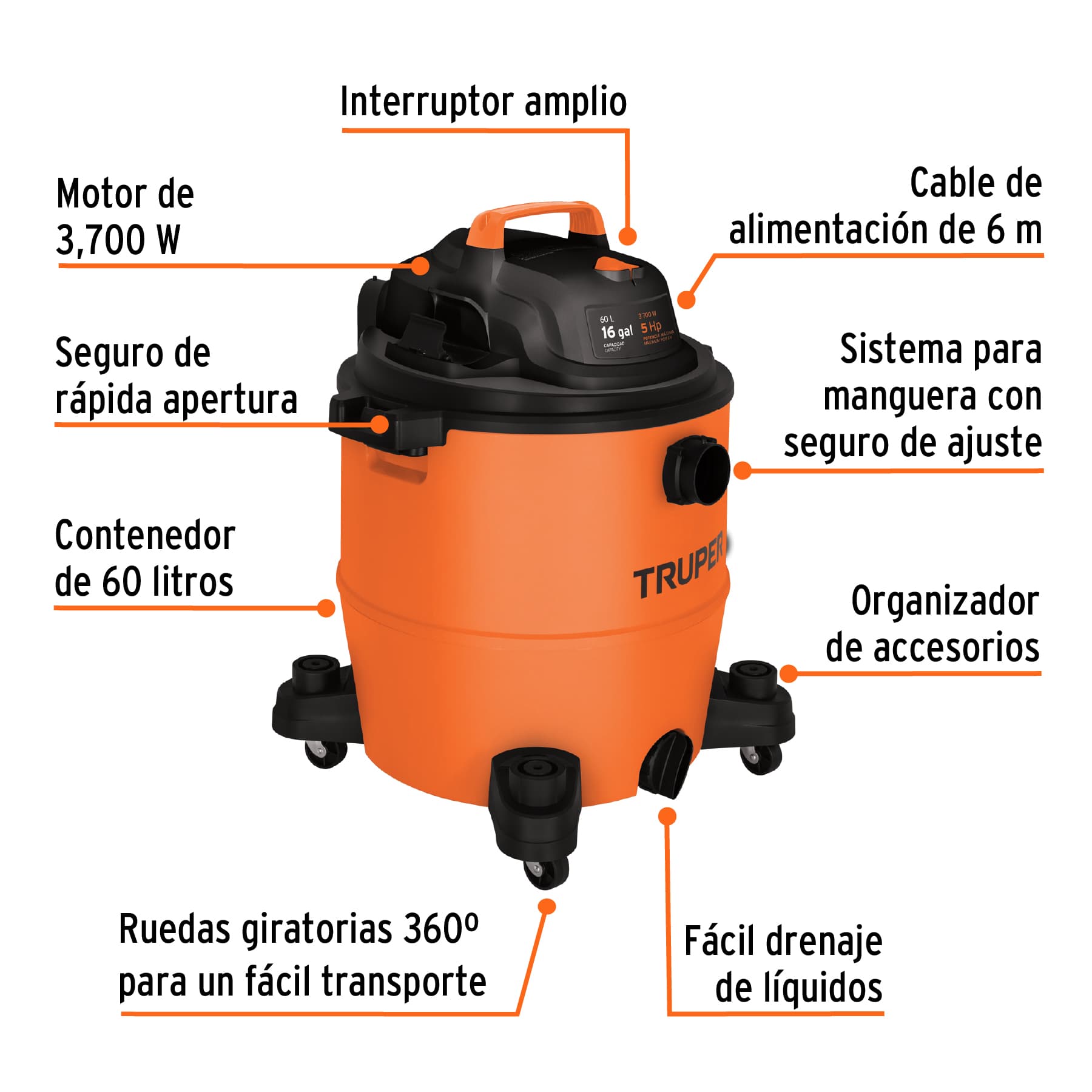 Aspiradora de sólidos y líquidos, 16 gal, plástica, TRUPER ASP-16