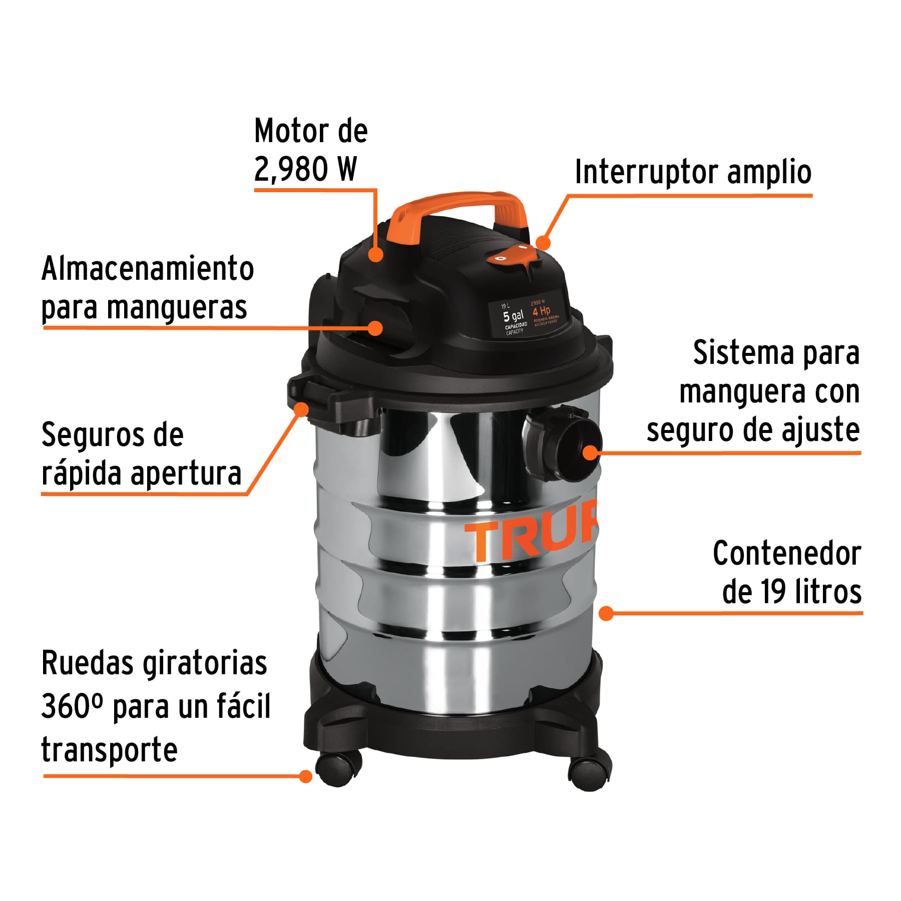 Aspiradora de sólidos y líquidos, 5 gal, acero inoxidable, TRUPER ASP-5X