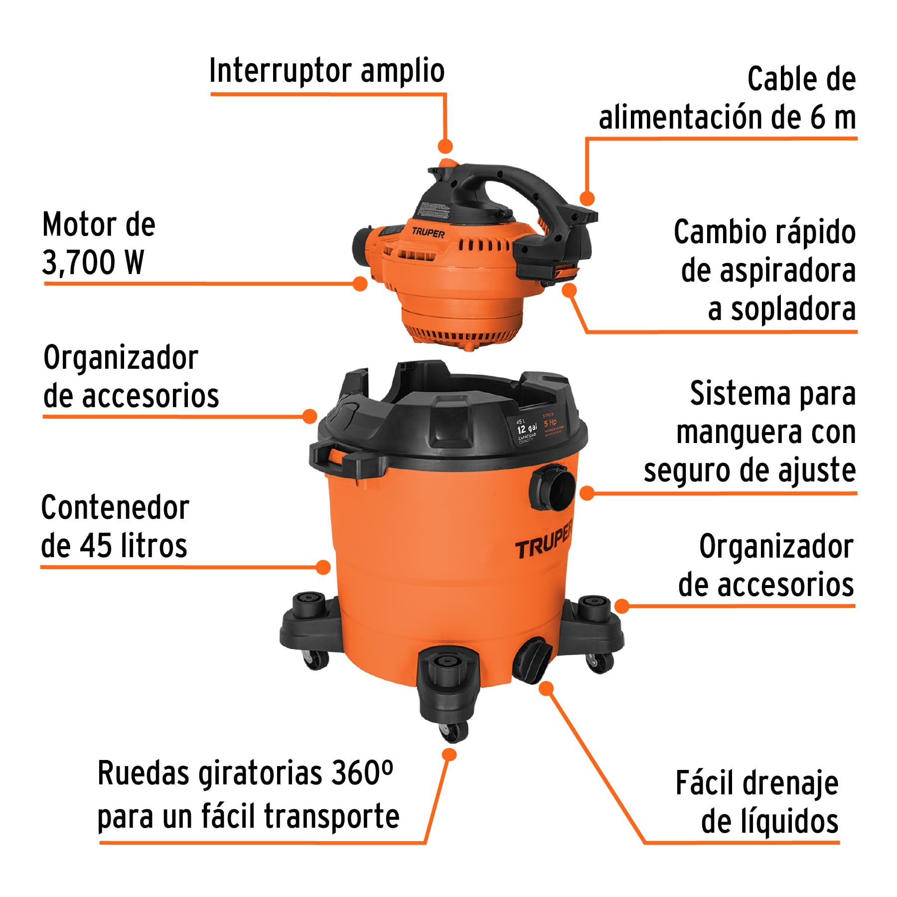 Aspiradora sólidos y líquidos, 12 gal, soplador desmontable ASP-12S