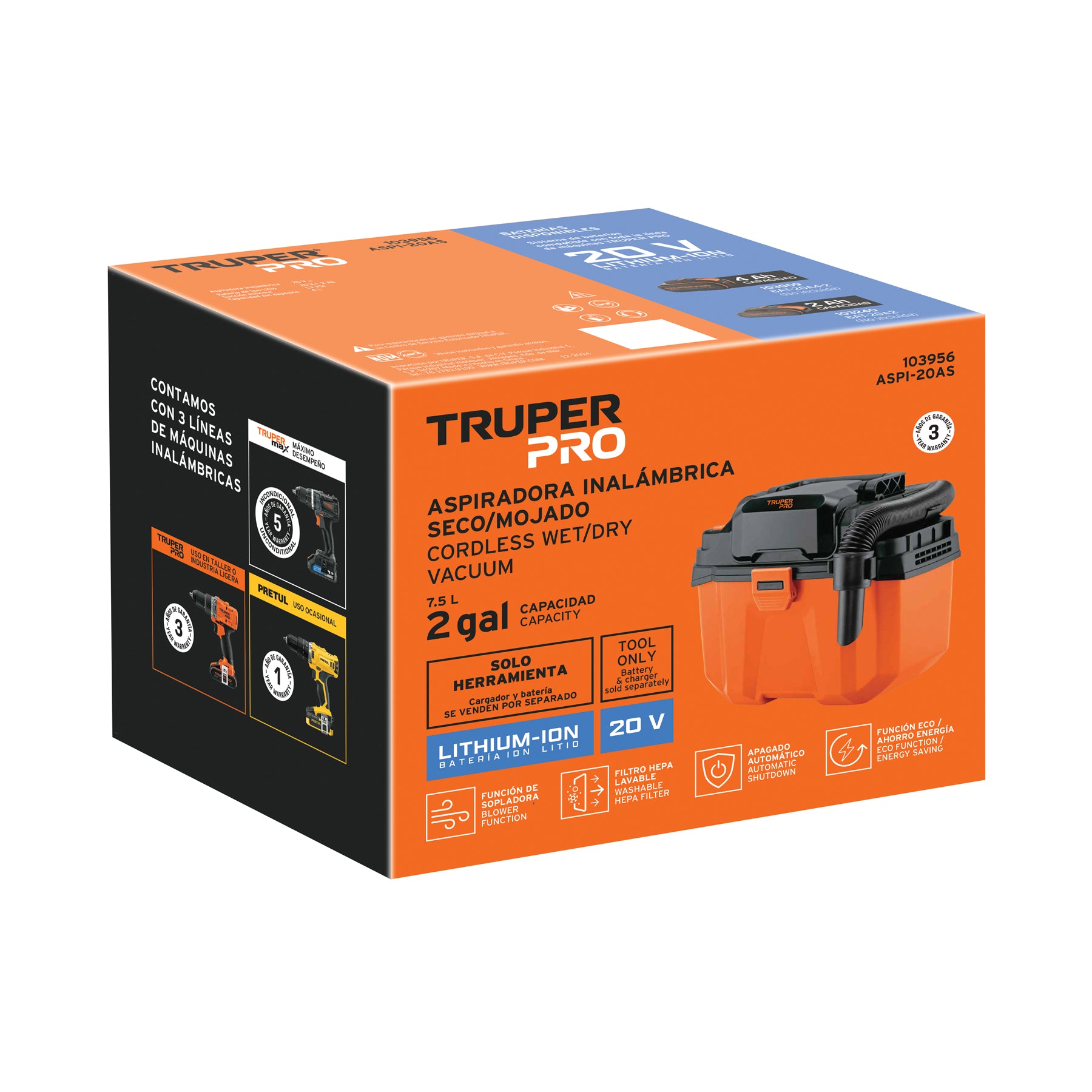 Aspiradora 20V, sin accesorios, TRUPER PRO ASPI-20AS