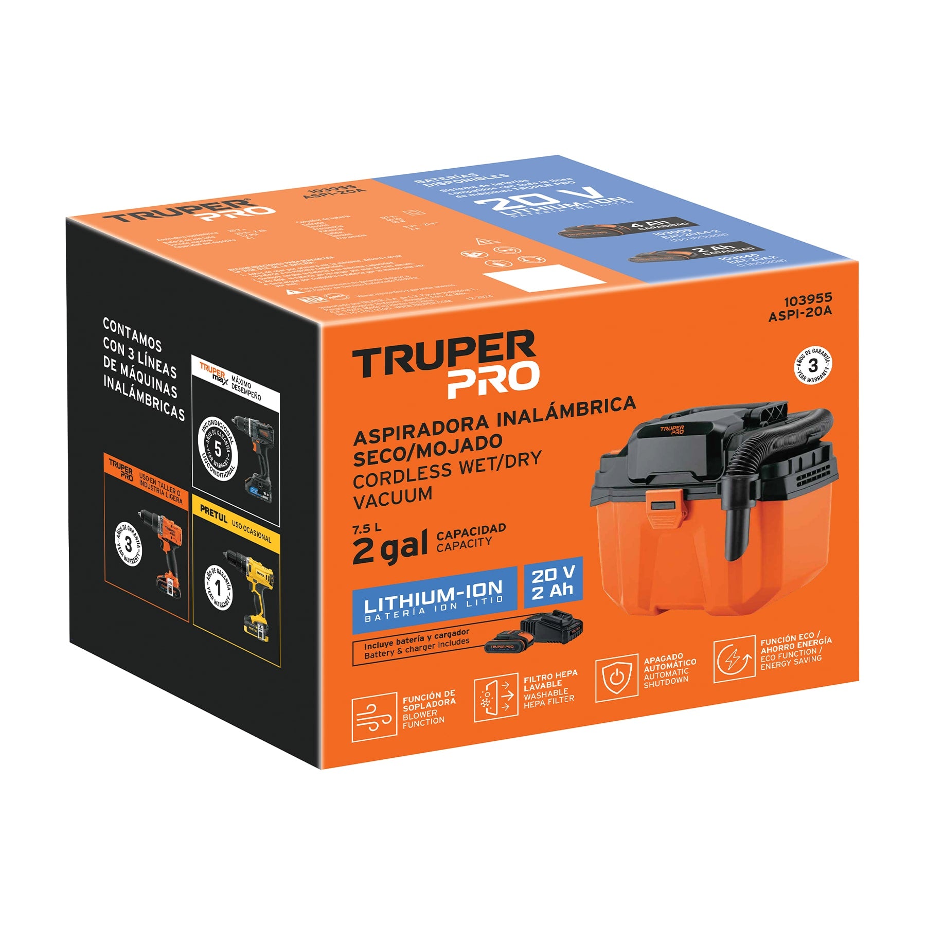 Aspiradora, 20V, 1 batería 2Ah, TRUPER PRO ASPI-20A