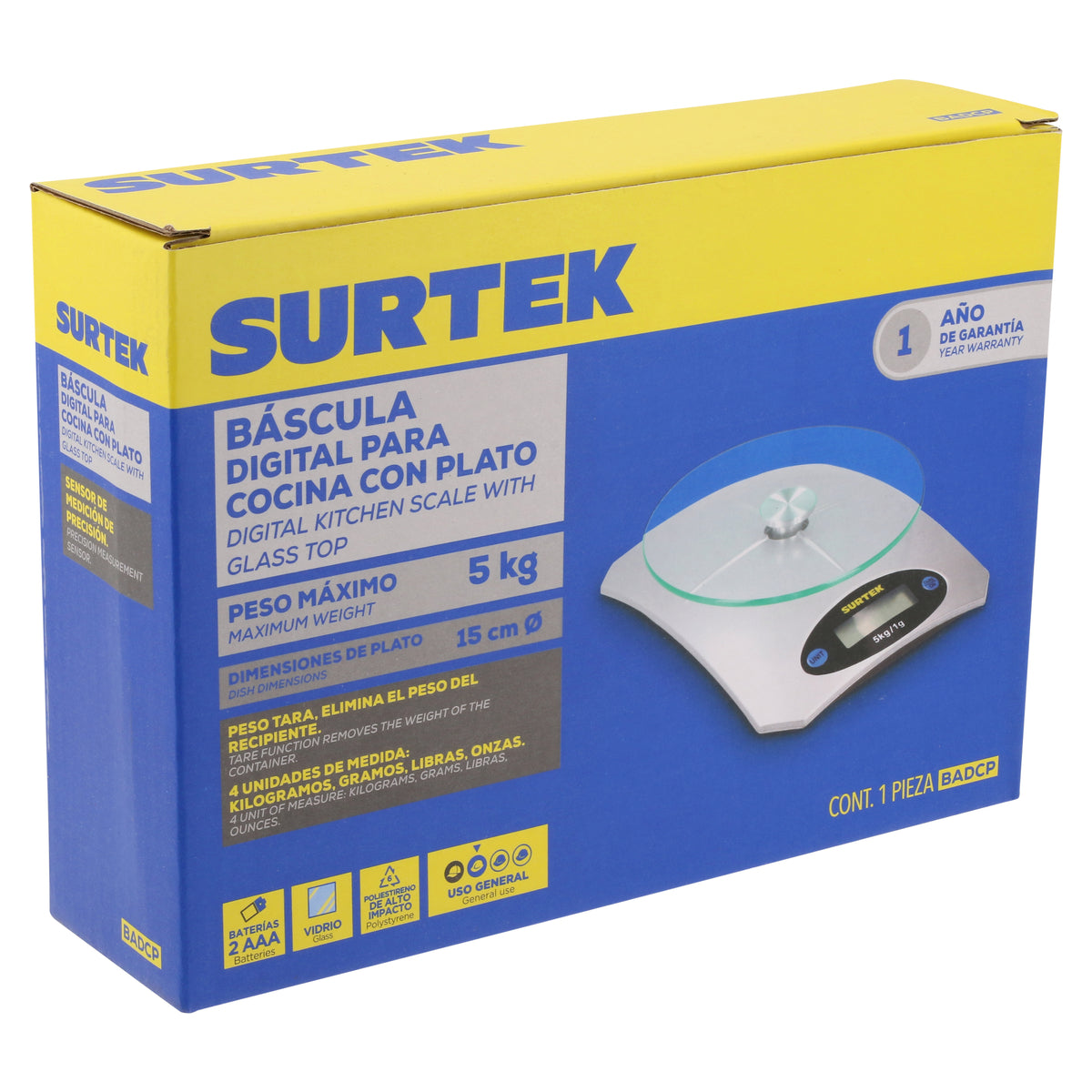 Báscula digital para cocina con plato 5 kg Surtek